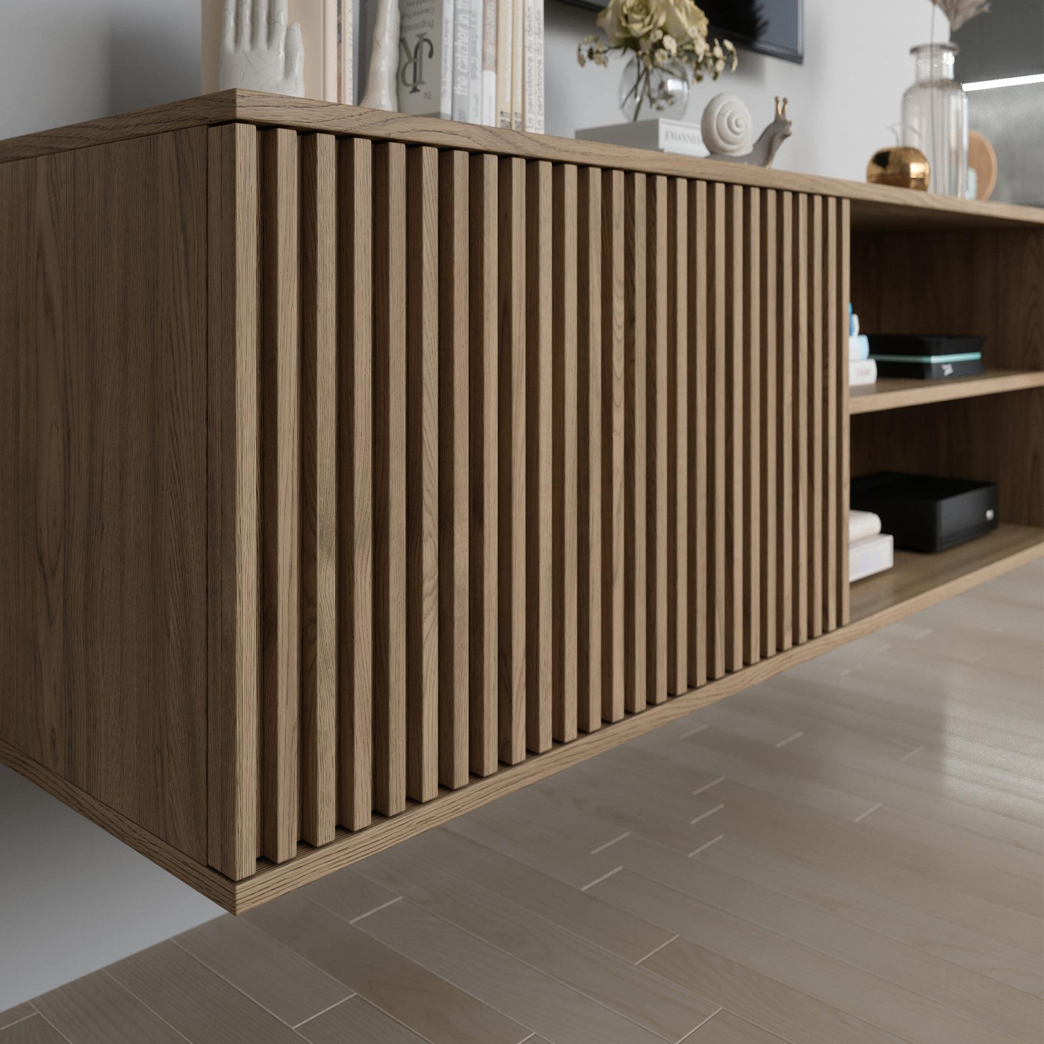 Voir la diapositive 3 : BEST MOBILIER Portmore - meuble tv suspendu - effet bois - 2 niches et 1 porte - 150 cm