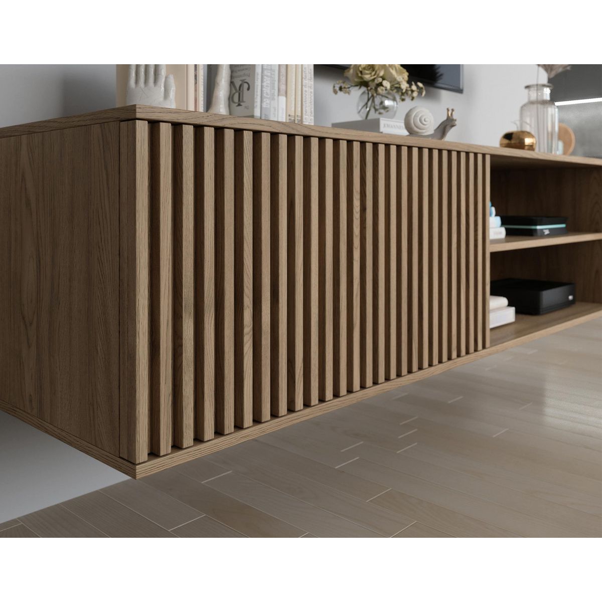 BEST MOBILIER Portmore - meuble tv suspendu - effet bois - 2 niches et 1 porte - 150 cm