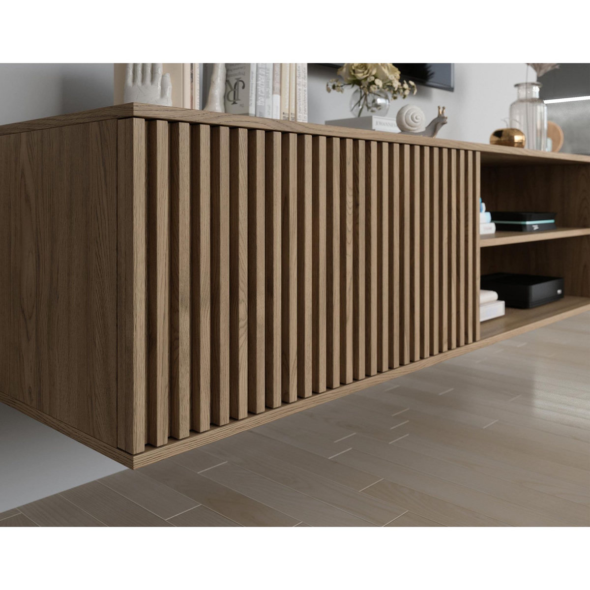 BEST MOBILIER Portmore - meuble tv suspendu - effet bois - 2 niches et 1 porte - 150 cm