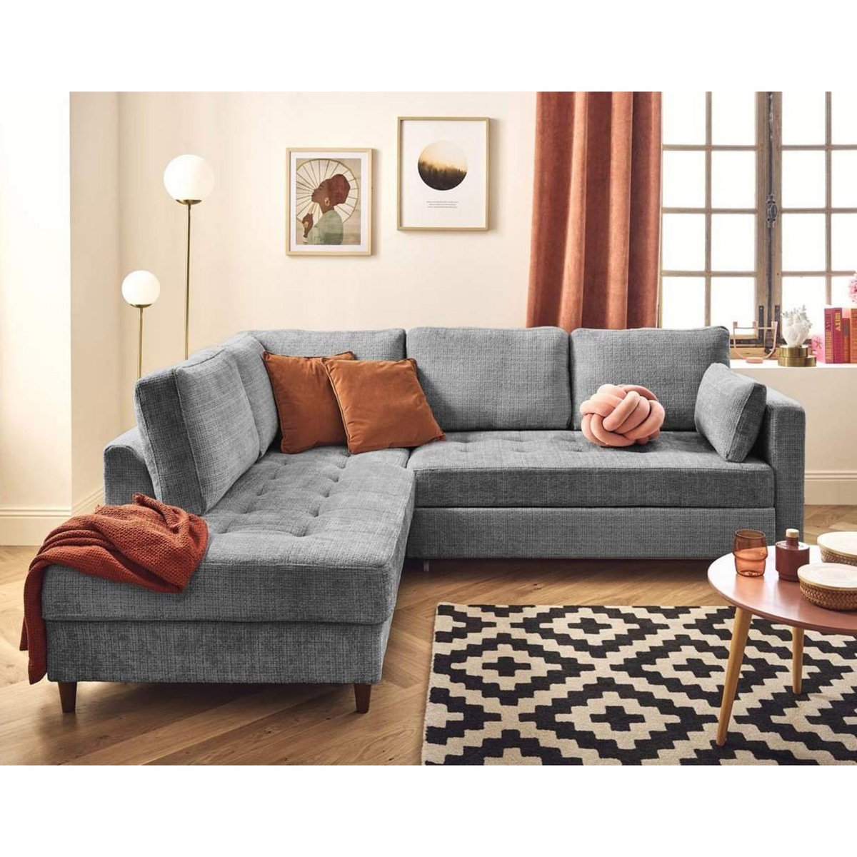 LISA DESIGN Anna - canapé d'angle gauche 5 places convertible en velours texturé