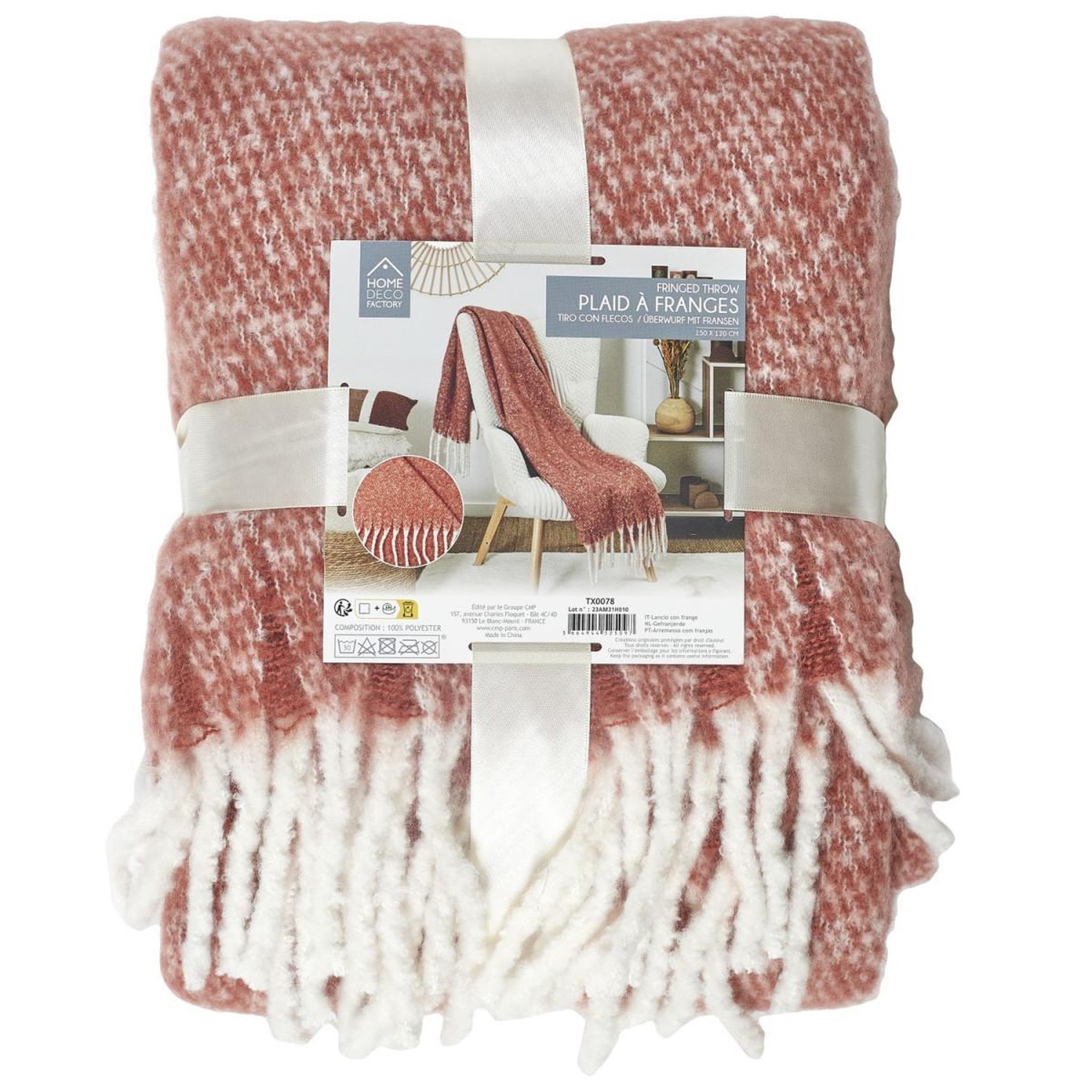 Voir la diapositive 4 : The Home Deco Factory Plaid à franges  coy  120x150cm terracotta
