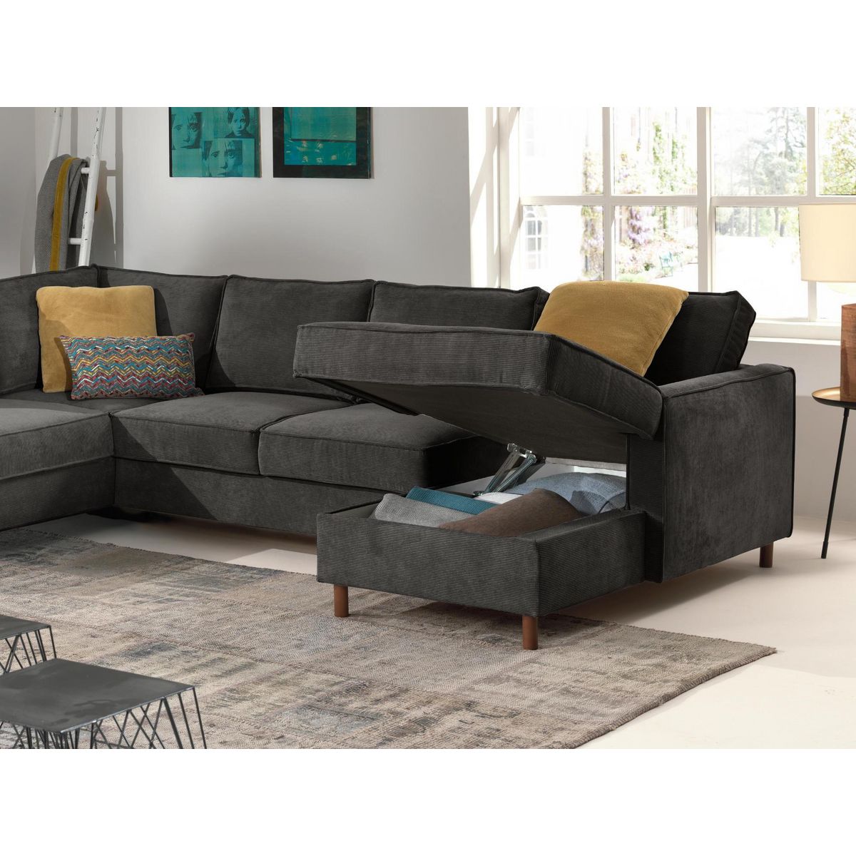 LISA DESIGN Jake - canapé panoramique d'angle gauche - convertible avec coffre - 7 places - en velours côtelé