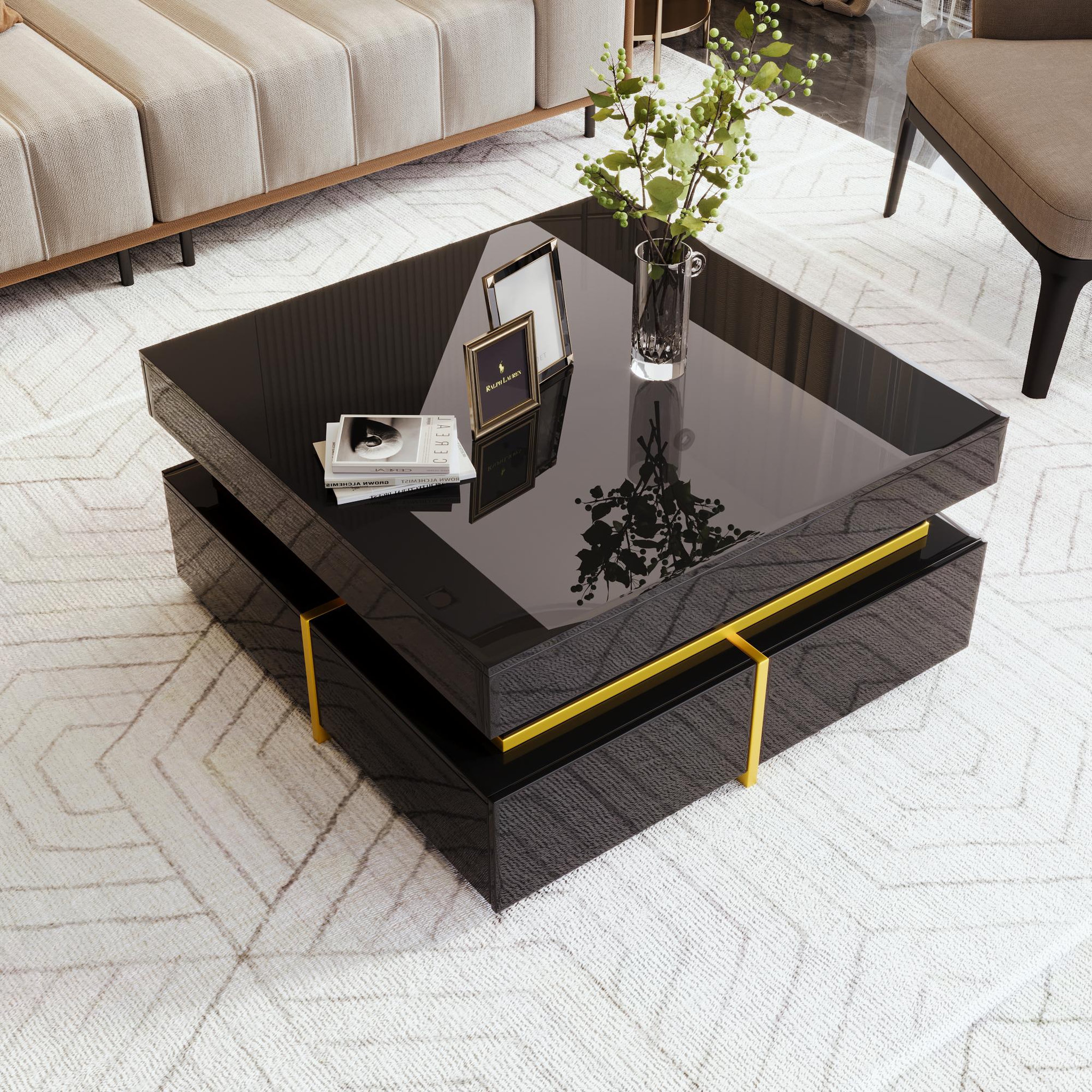 Voir la diapositive 2 : MERAX Table Basse Carrée Brillante Avec 2 Tiroirs
