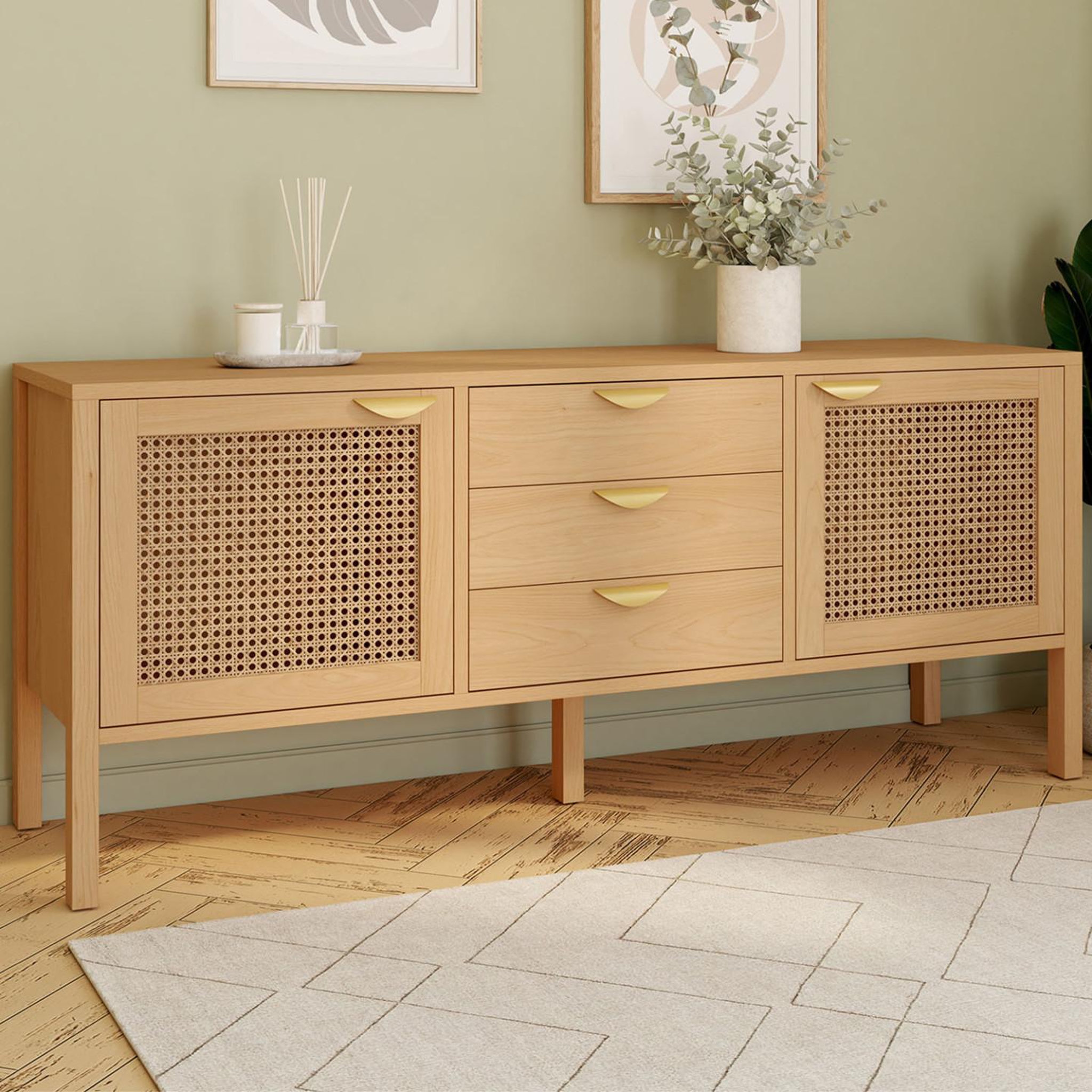 Voir la diapositive 2 : ID MARKET Buffet bas 140 cm edhen 2 portes et 3 tiroirs bois et cannage