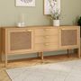 Voir la diapositive 2 : ID MARKET Buffet bas 140 cm EDHEN 2 portes et 3 tiroirs bois et cannage