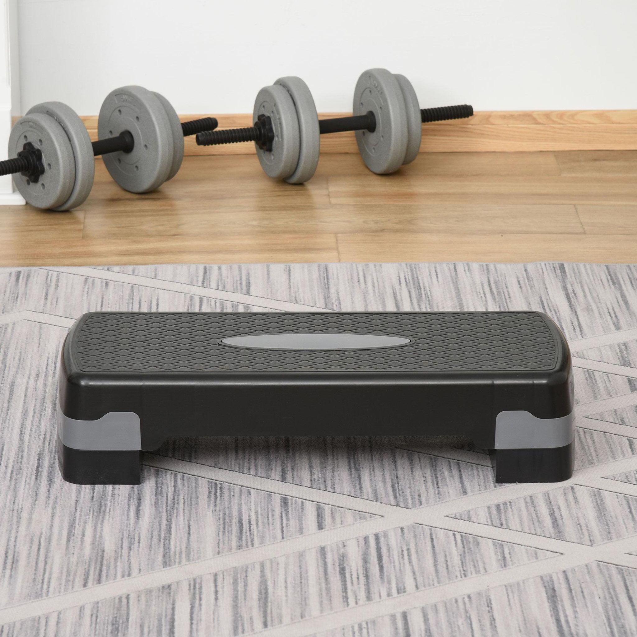 Voir la diapositive 2 : HOMCOM Stepper fitness aerobic hauteur reglable surface antiderapante dim. 68l x 29l x 10-15h cm plastique gris noir