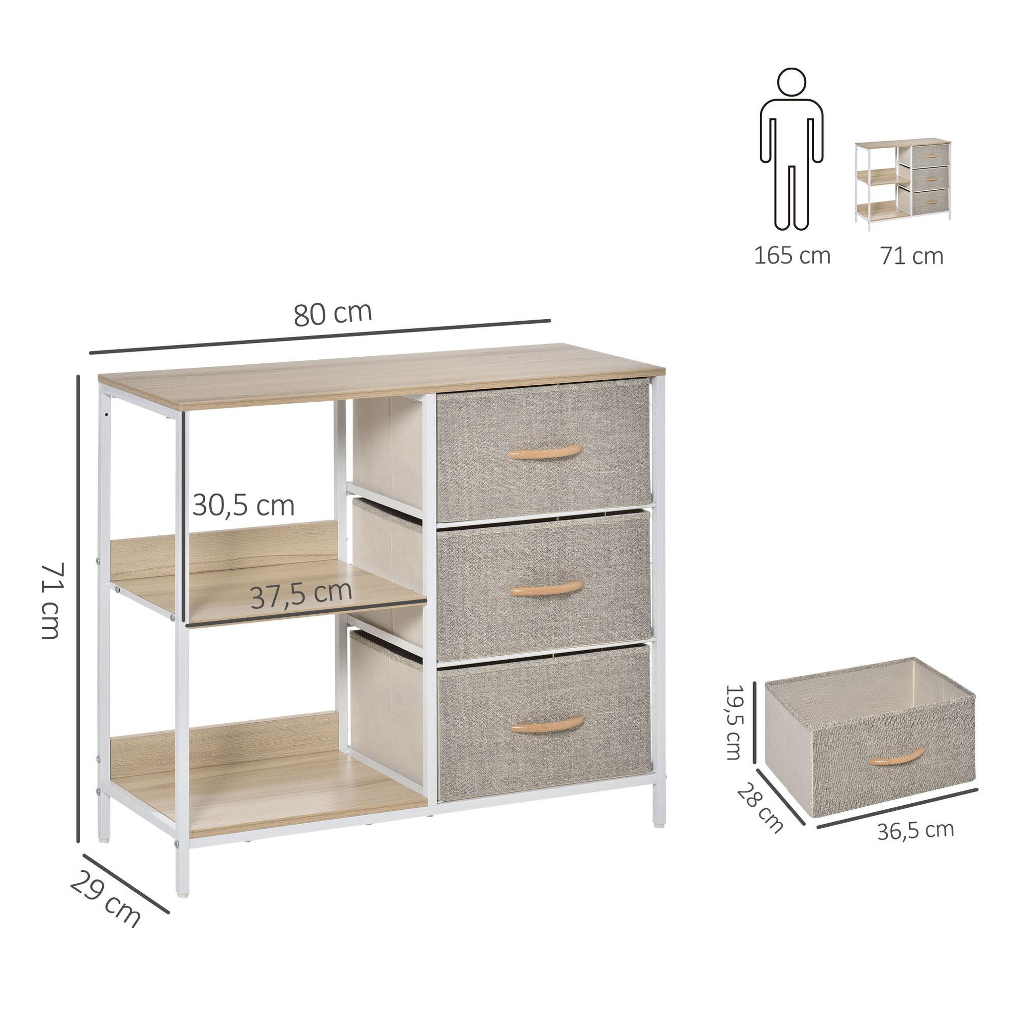 Voir la diapositive 3 : HOMCOM Meuble de rangement commode design - 3 tiroirs, 2 étagères - métal MDF non tissé beige