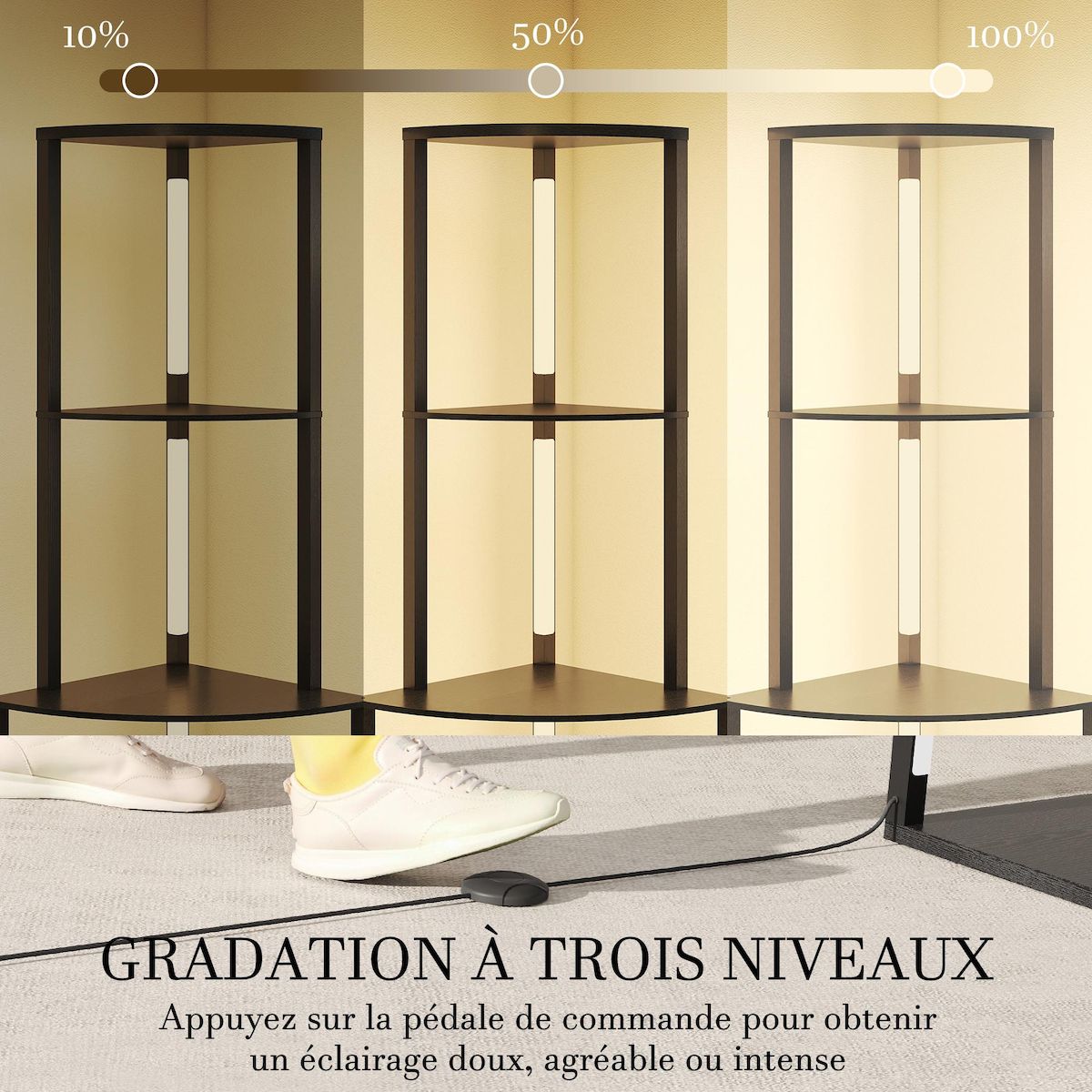 HOMCOM Lampadaire étagère LED d'angle réglable - lampe étagère 4 niveaux design H.163cm - MDF noir