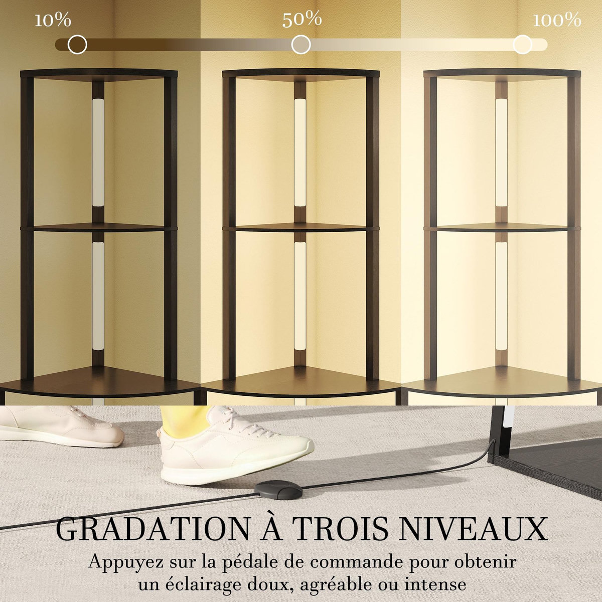 HOMCOM Lampadaire étagère LED d'angle réglable - lampe étagère 4 niveaux design H.163cm - MDF noir