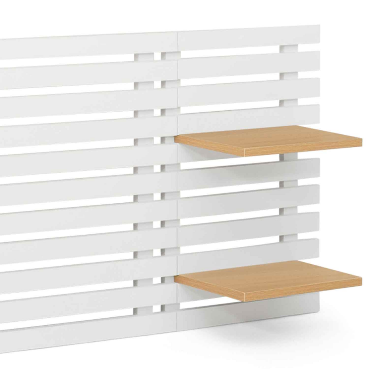 ID MARKET Tête de lit suspendue en lattes AVA 240 cm bois blanc et étagères façon hêtre