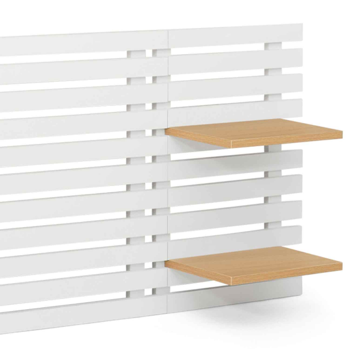 ID MARKET Tête de lit suspendue en lattes AVA 240 cm bois blanc et étagères façon hêtre