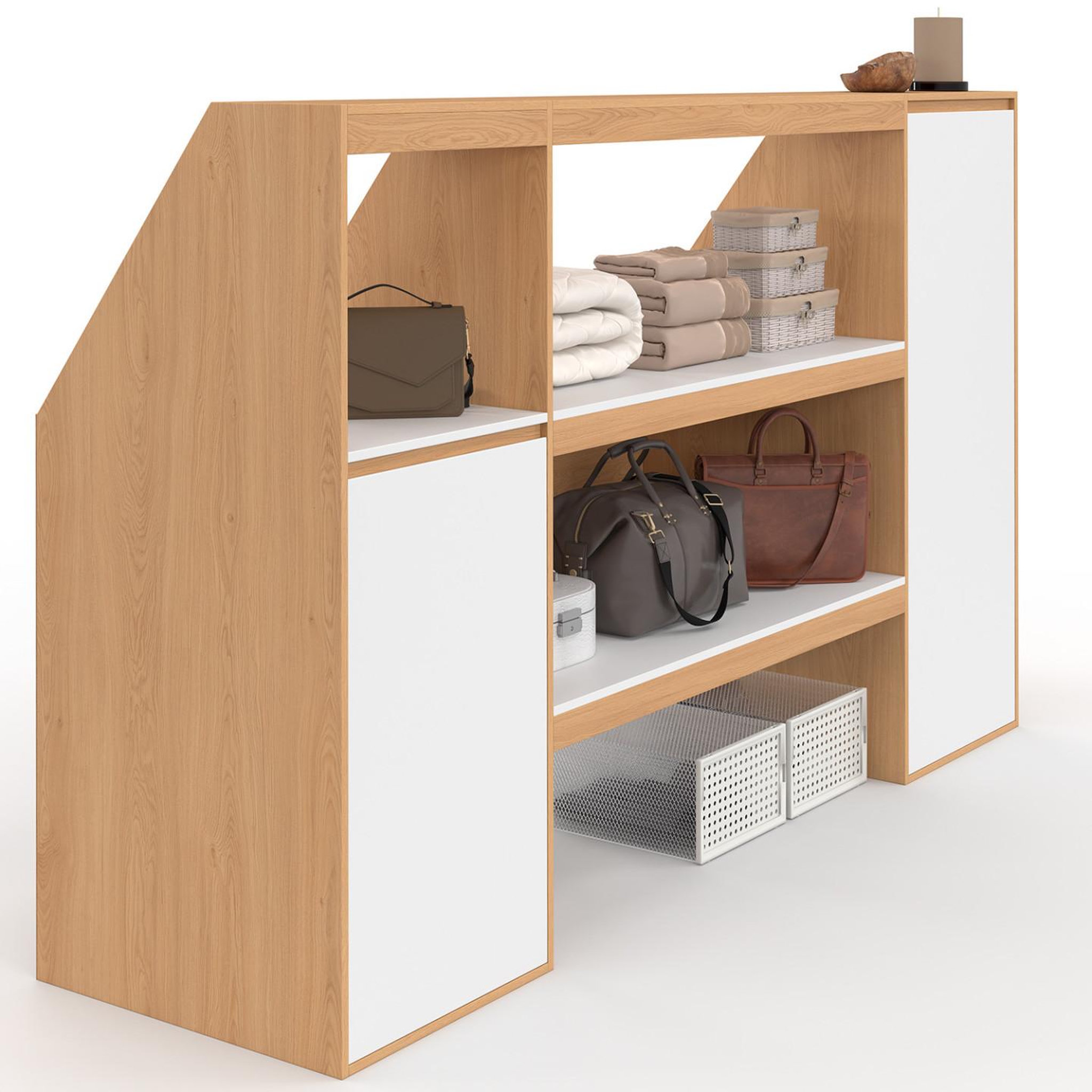 ID MARKET Ensemble étagère 2 niveaux, armoire 1 porte et armoire 1 porte + 1 niche sous pente tomi hêtre et blanc