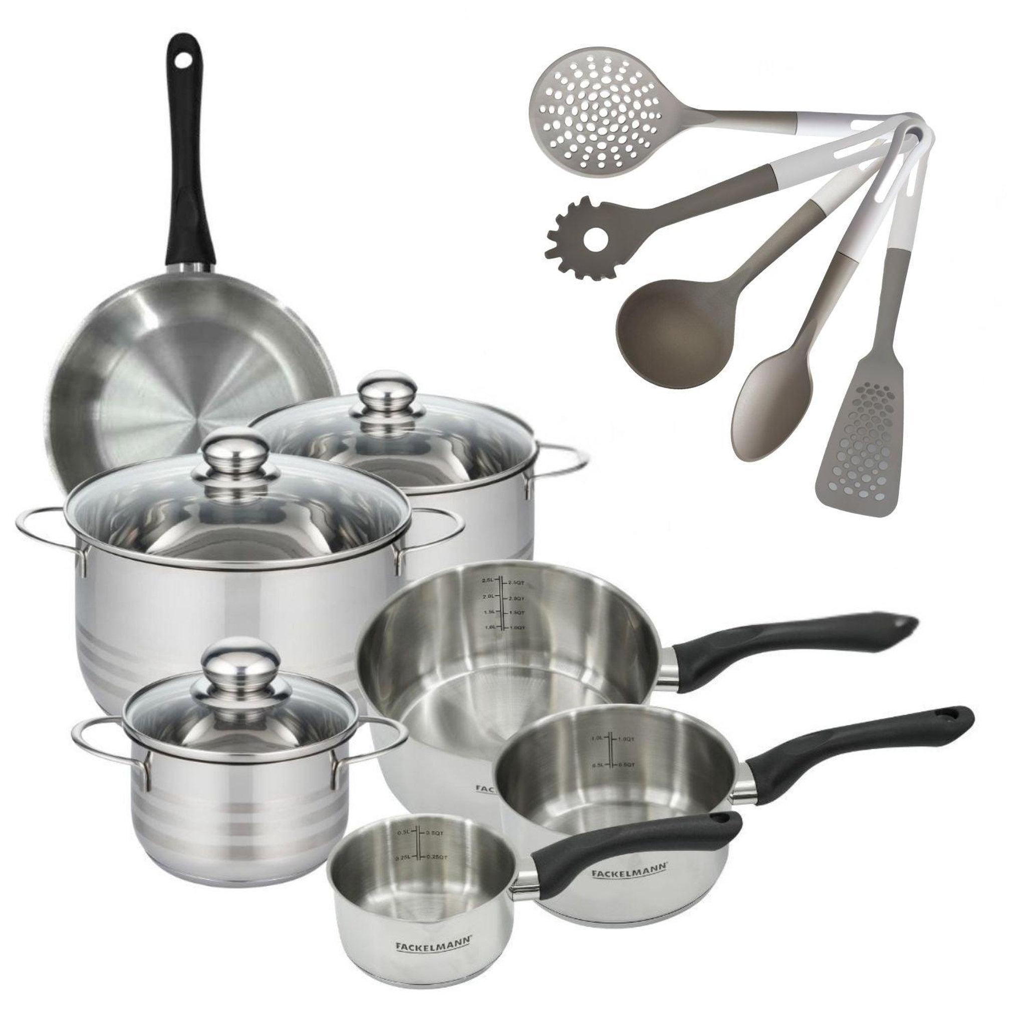 Fackelmann Batterie de cuisine avec 3 faitouts 16/20/24 cm et 3 casseroles 12/16/20 cm avec 5 ustensiles de cuisine fackelmann généva brillant vario