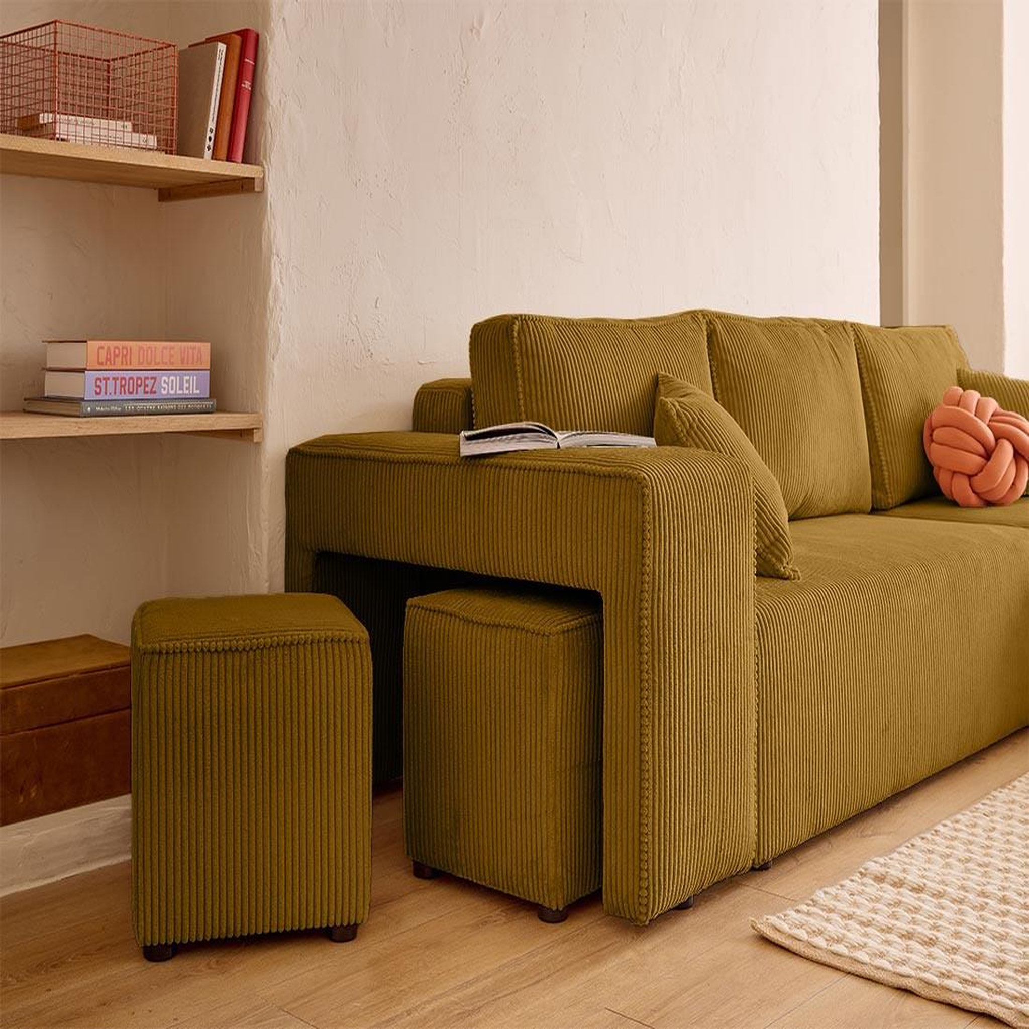 Voir la diapositive 5 : BEST MOBILIER Topaze - canapé d'angle réversible 4 places - convertible avec coffre, tablette et poufs - en velours côtelé