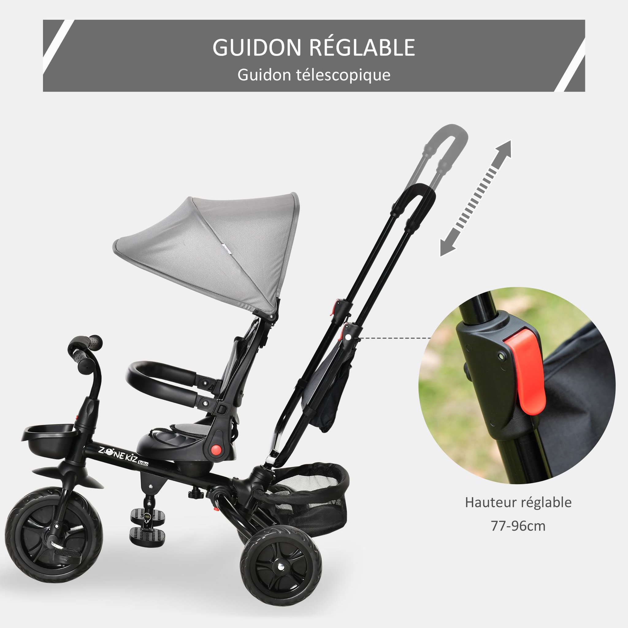 Voir la diapositive 6 : HOMCOM Tricycle enfant évolutif pliable - pare-soleil, canne télescopique amovible - siège pivotant, harnais, arceau sécurité - repose-pied - 3 paniers rangement - métal PP gris noir
