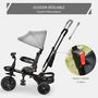Voir la diapositive 6 : HOMCOM Tricycle enfant évolutif pliable - pare-soleil, canne télescopique amovible - siège pivotant, harnais, arceau sécurité - repose-pied - 3 paniers rangement - métal PP gris noir