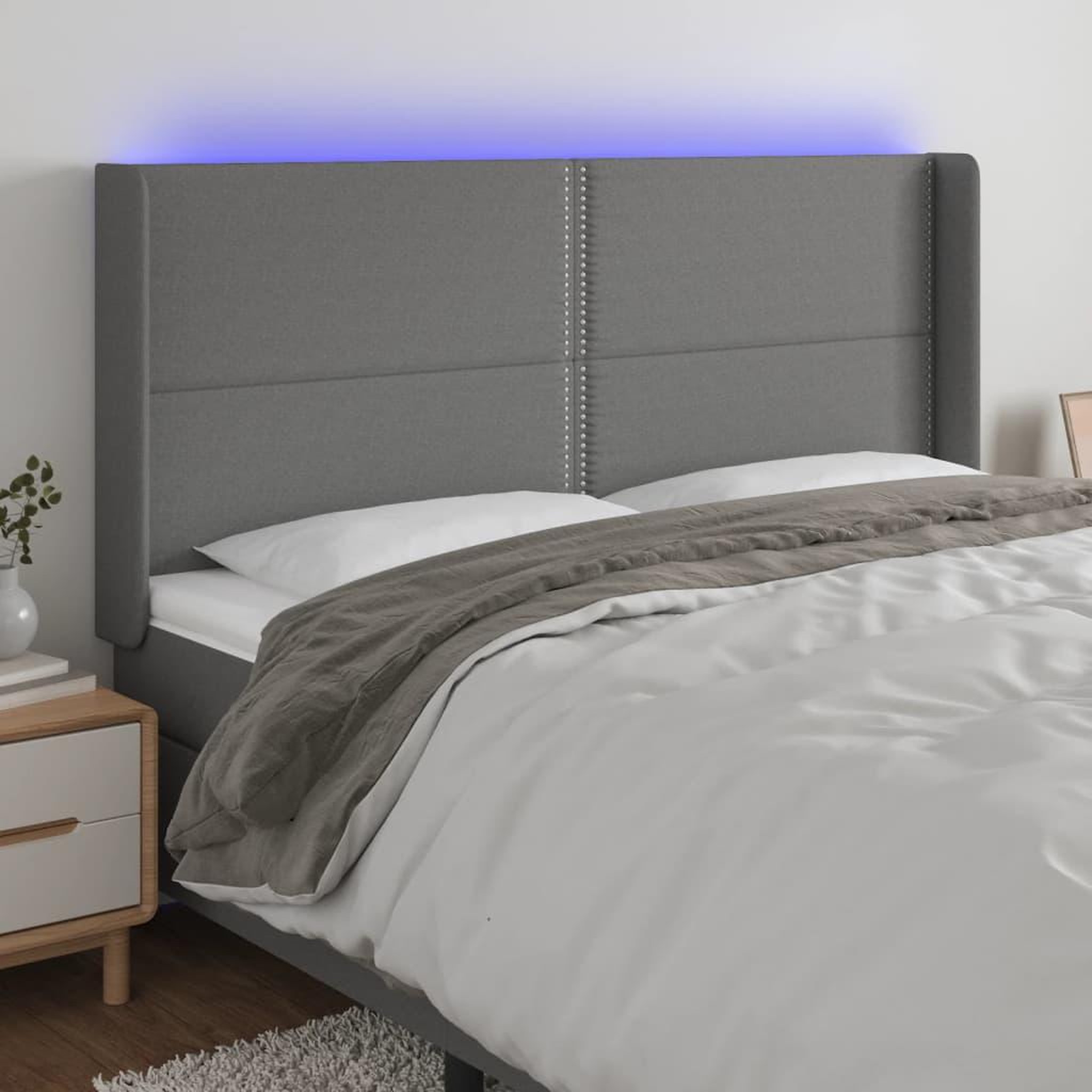 Voir la diapositive 1 : VIDAXL Tete de lit a LED Gris fonce 163x16x118/128 cm Tissu