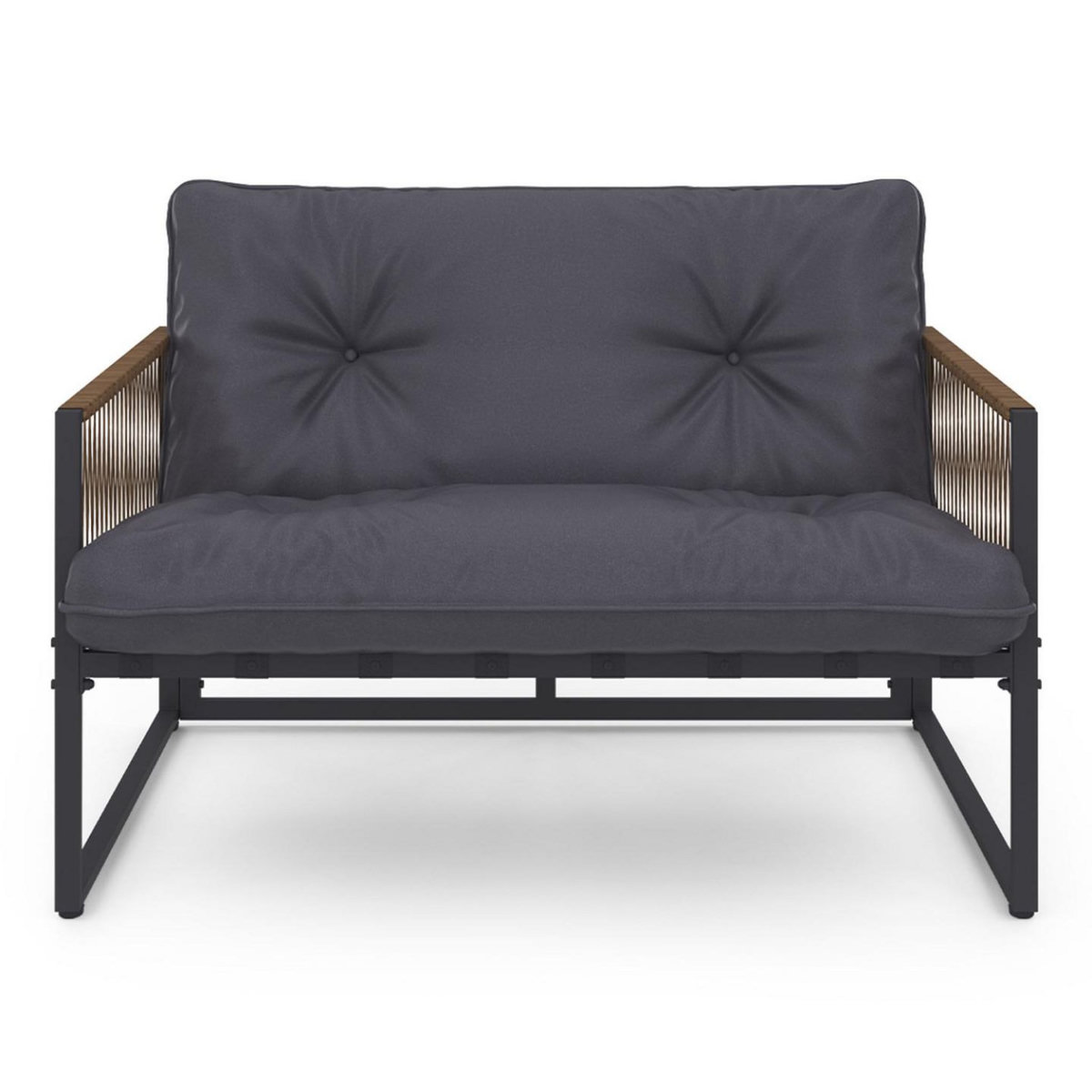 ID MARKET Salon de jardin bas RIO 6 places structure métal et cordage effet rotin avec coussin gris