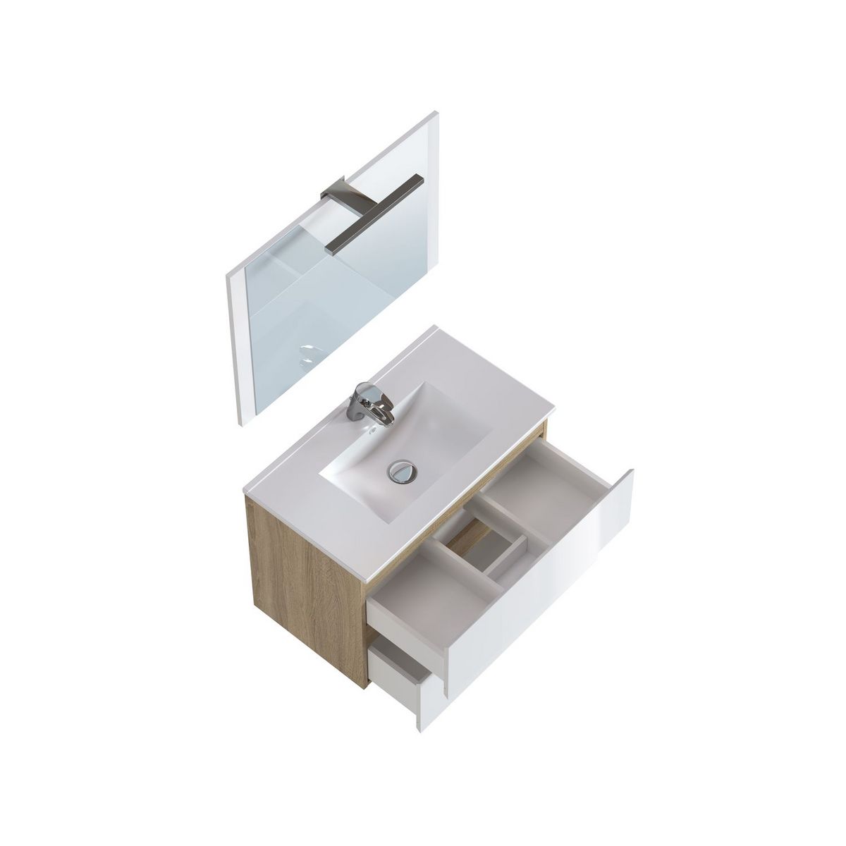Meuble de salle de bain 1 vasque 2 tiroirs et miroir LED L80cm MILA