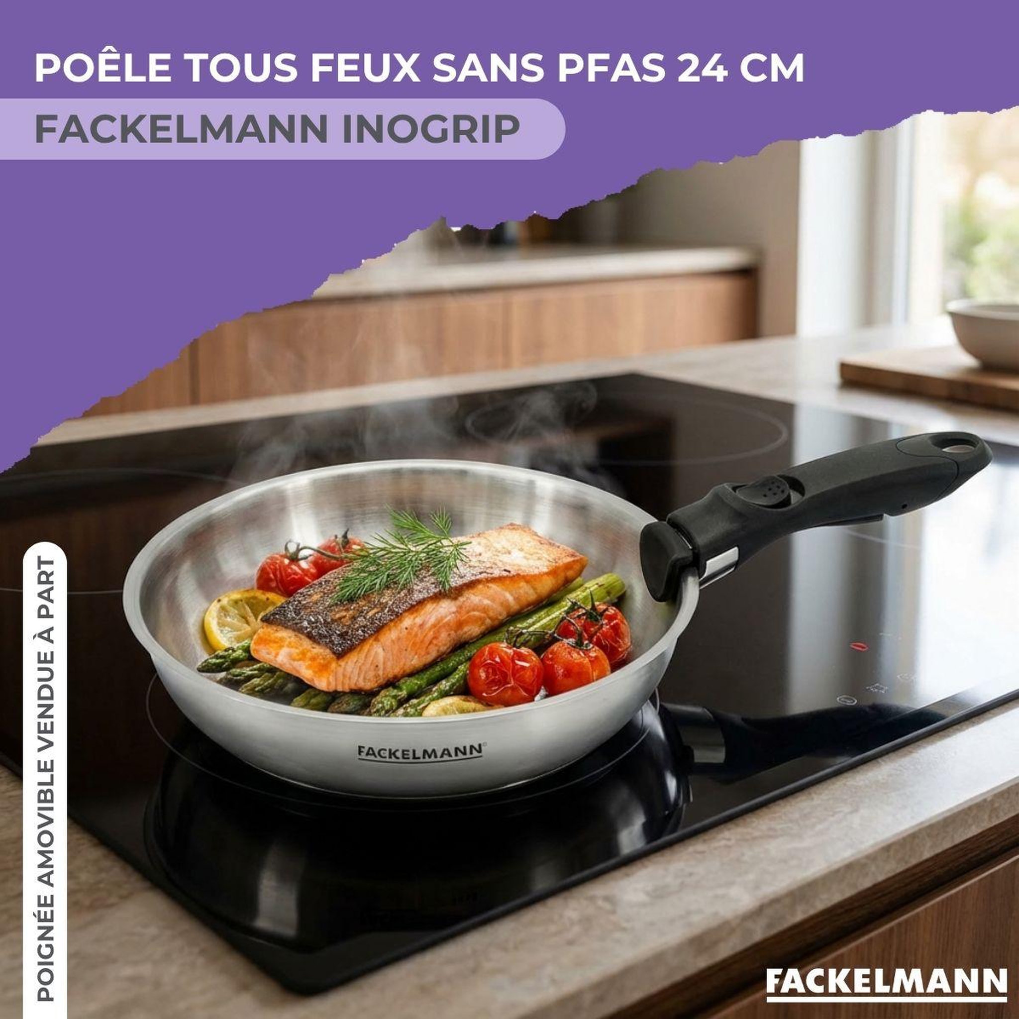 Voir la diapositive 2 : Fackelmann Poêle 24 cm en inox manche amovible fackelmann inogrip
