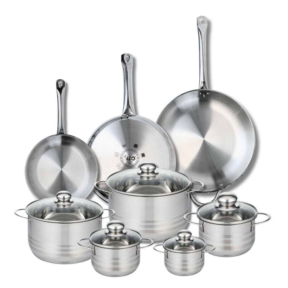 ELO Ensemble de 3 Poêles de cuisson 24, 28 et 32 cm et 5 faitouts 12, 14, 16, 20 et 24 cm Elo Profi Brillant