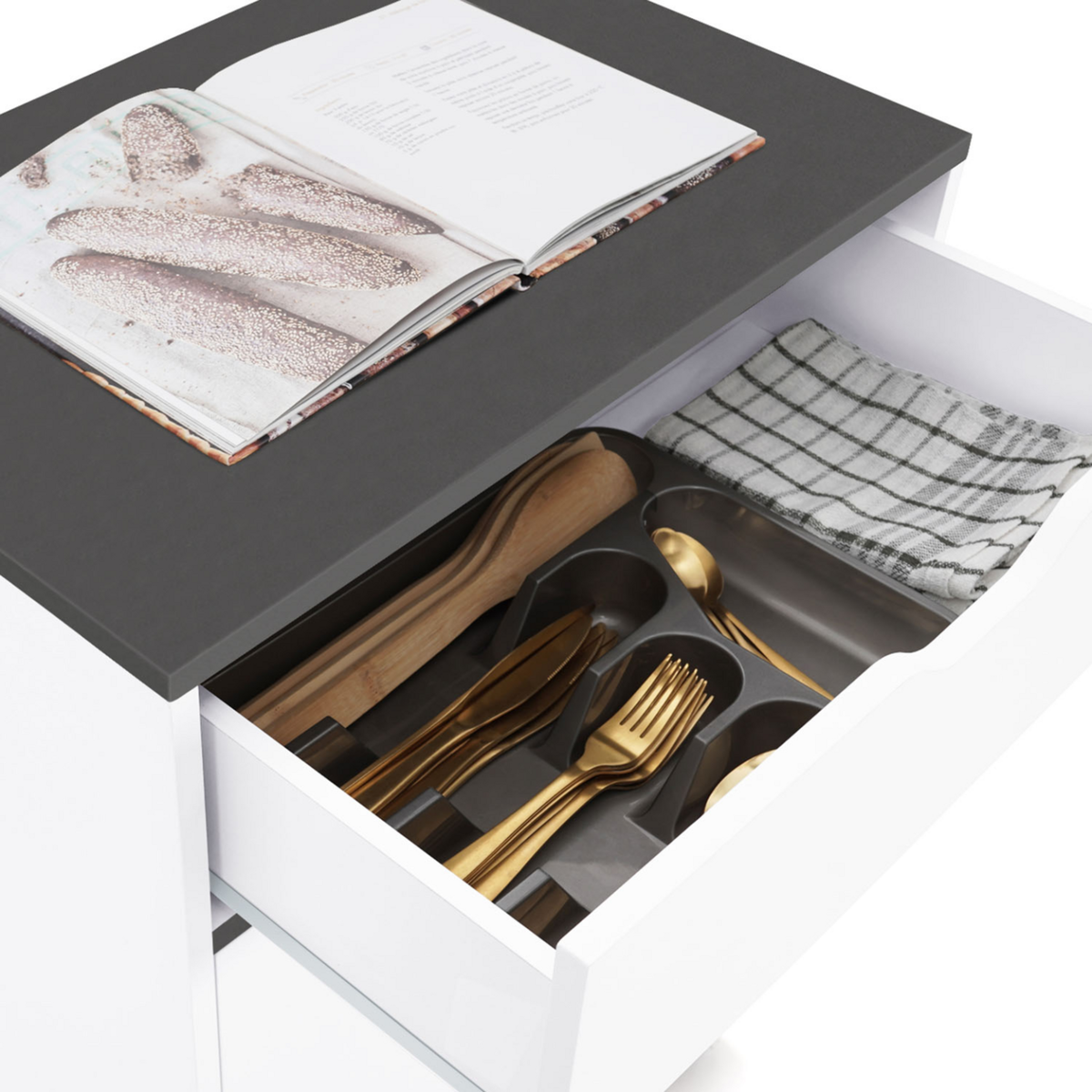 ID MARKET Desserte de cuisine COSY placard avec tiroir bois blanc et plateaux gris L.60 CM