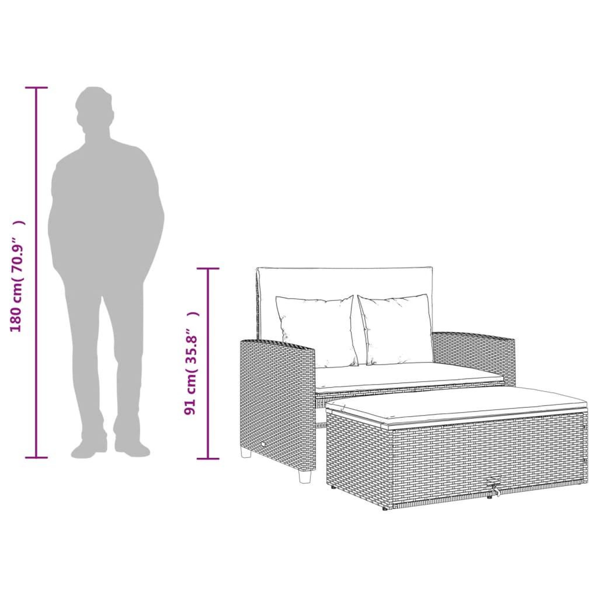 Voir la diapositive 6 : VIDAXL Canape de jardin 2 places coussins noir resine tressee&acacia