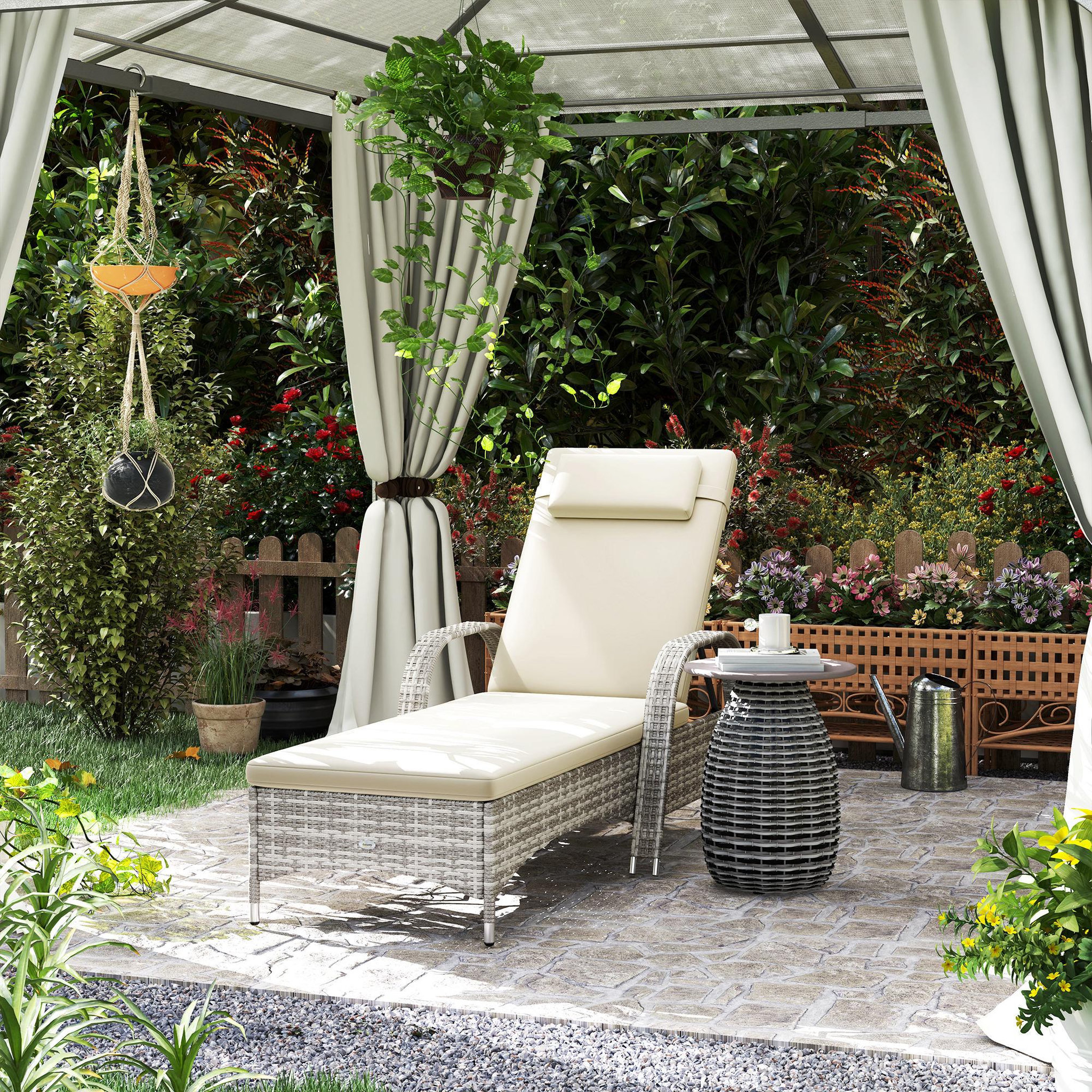 Voir la diapositive 2 : OUTSUNNY Transat bain de soleil grand confort : matelas, têtière, inclinaison réglable multipositions, accoudoirs, roulettes résine tressée gris clair