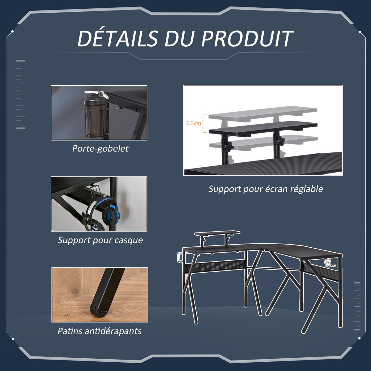 HOMCOM HOMCOM Bureau gaming d'angle bureau gamer bureau informatique bracket casque porte-gobelet étagère écran réglable métal panneaux texture carbone noir