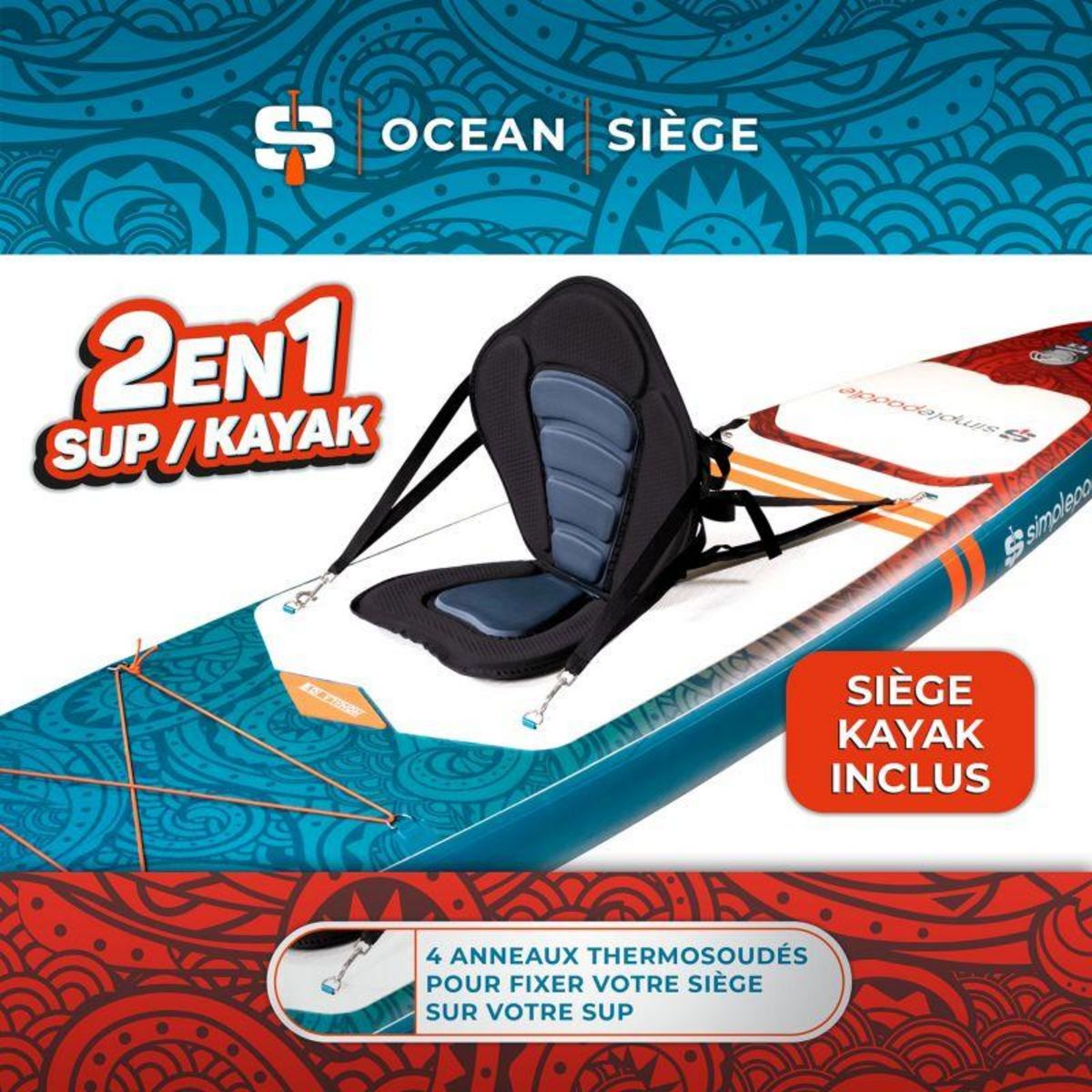 SIMPLE PADDLE Paddle gonflable OCEAN 10'6 (320 X 76 X 15 Cm) avec Pagaie, Siège, Leash, Pompe, Pochette téléphone et Sac de transport