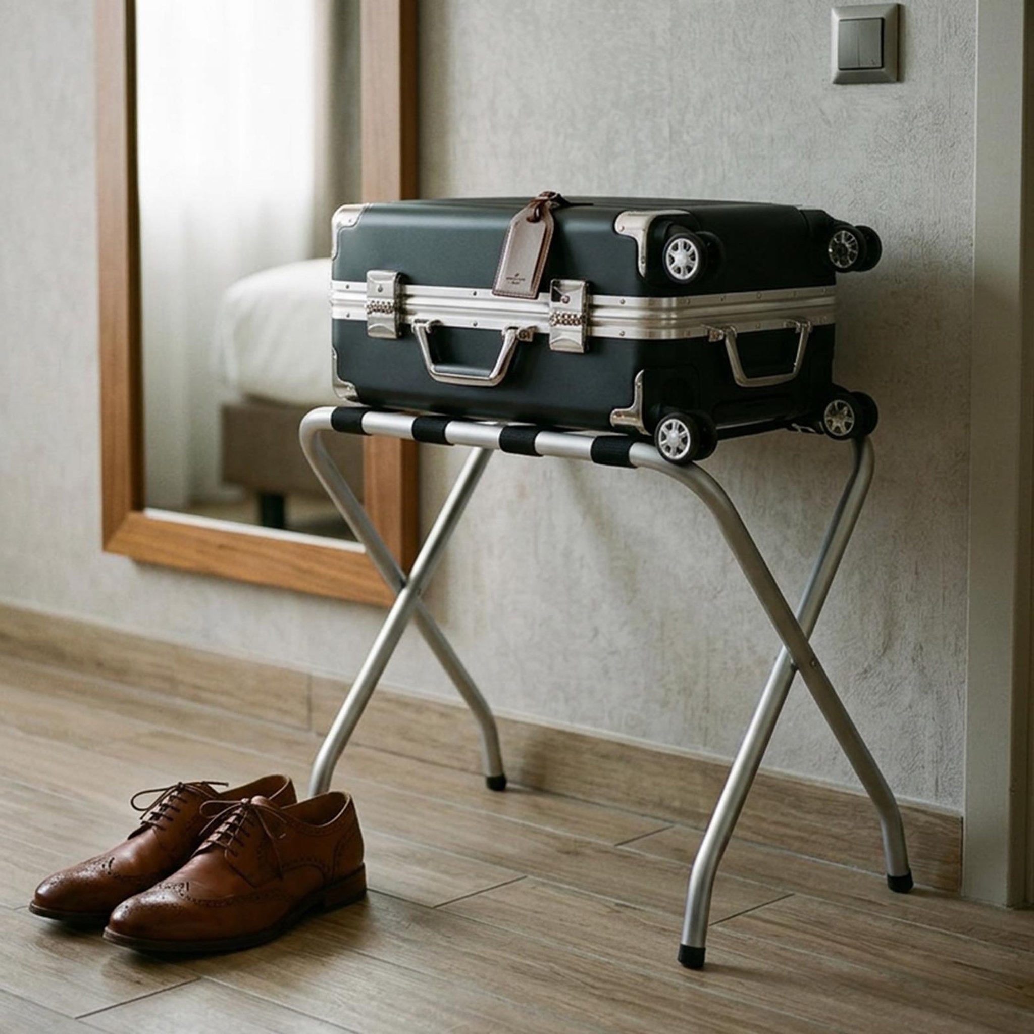 Voir la diapositive 2 : IDIMEX Porte-valise LUGGAGE, structure pliable en métal chromé