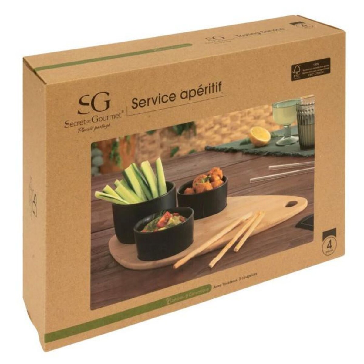SECRET DE GOURMET Service Apéritif 4 Pièces  Bambou  35cm Noir