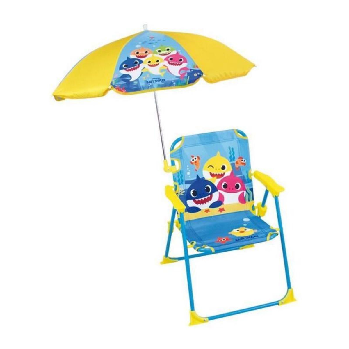 Fun House FUN HOUSE Baby Shark Chaise pliante camping avec parasol - H.38.5 xl.38.5 x P.37.5 cm + parasol ø 65 cm - Pour enfant