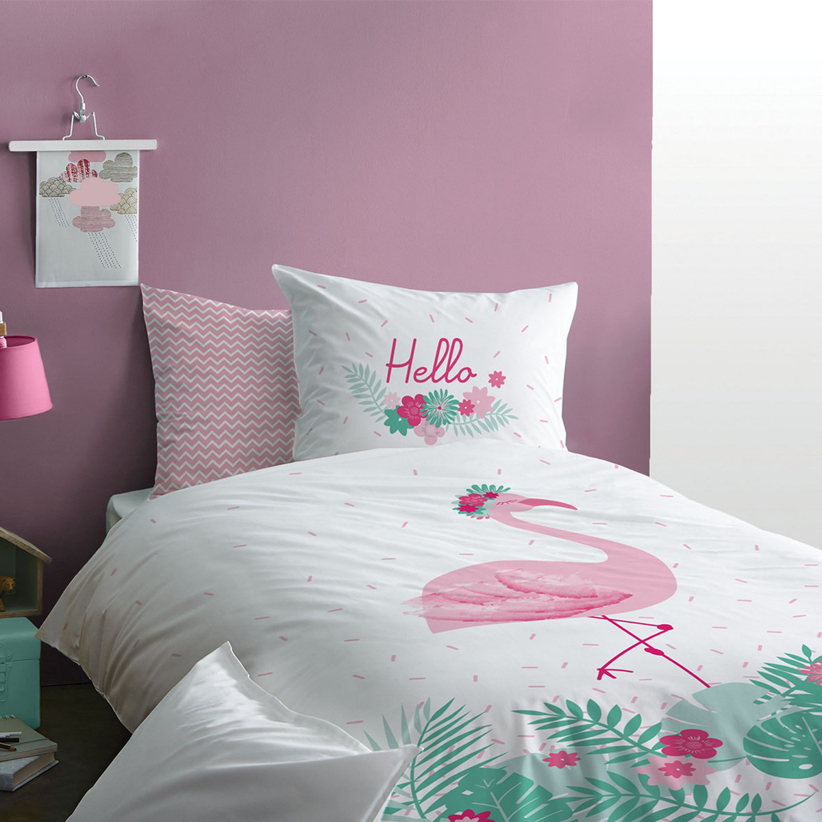 MATT & ROSE Parure housse de couette enfant en coton 57 fils réversible zig zig ou flamand rose