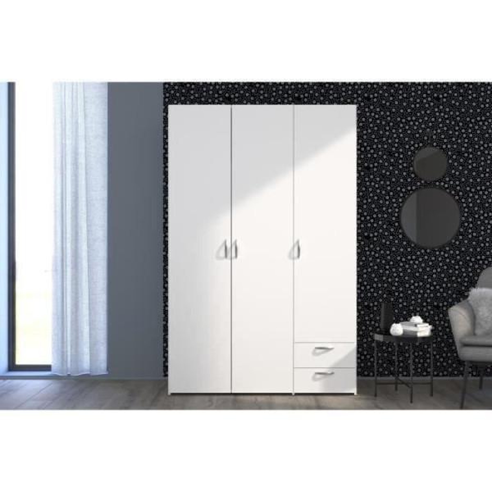 Voir la diapositive 3 : PARISOT Armoire VARIA - Décor blanc - 3 portes + 2 tiroirs - L 120 x H 185 x P 51 cm - PARISOT