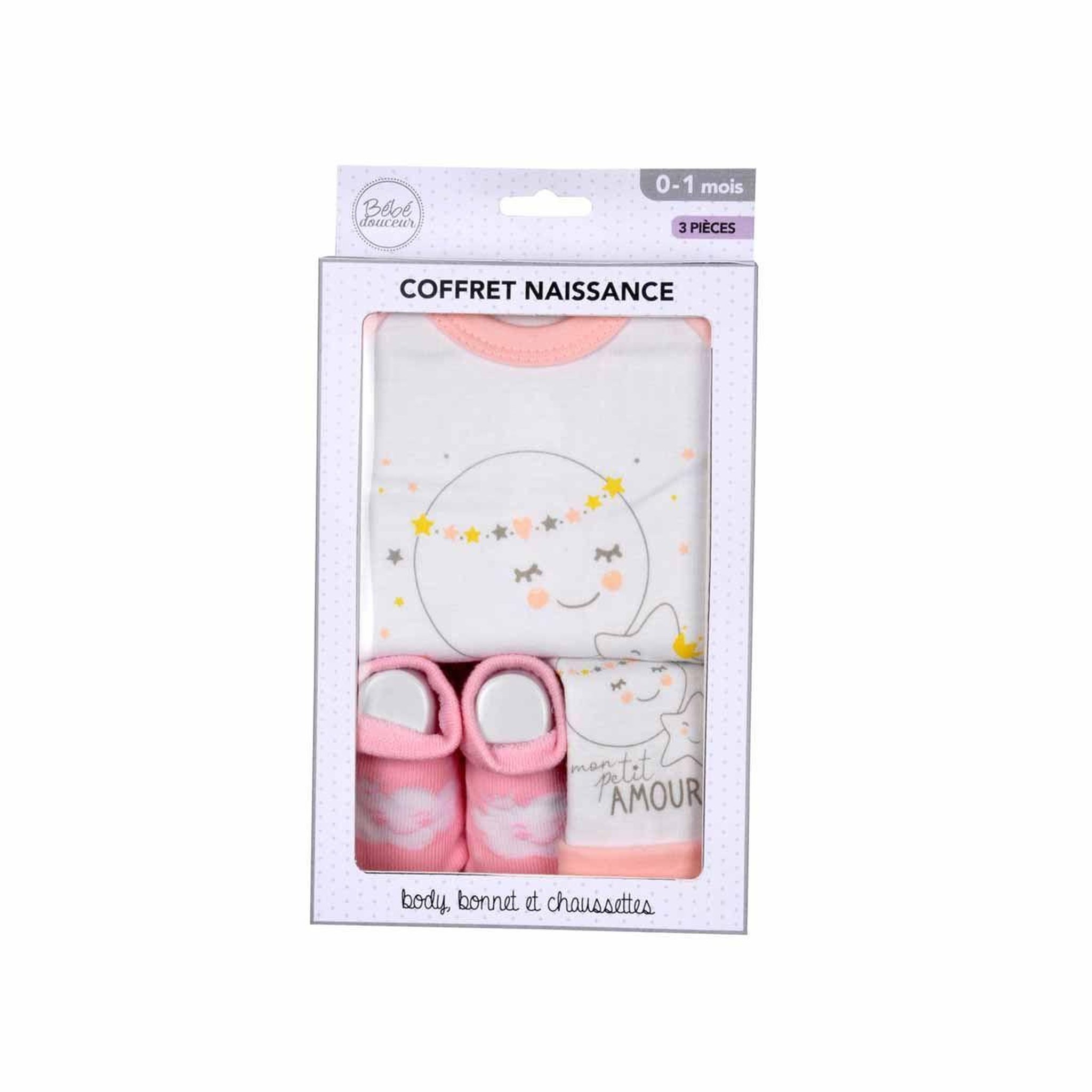 Voir la diapositive 2 : BEBE DOUCEUR Coffret naissance 3 pièces  lune  0 à 1 mois rose
