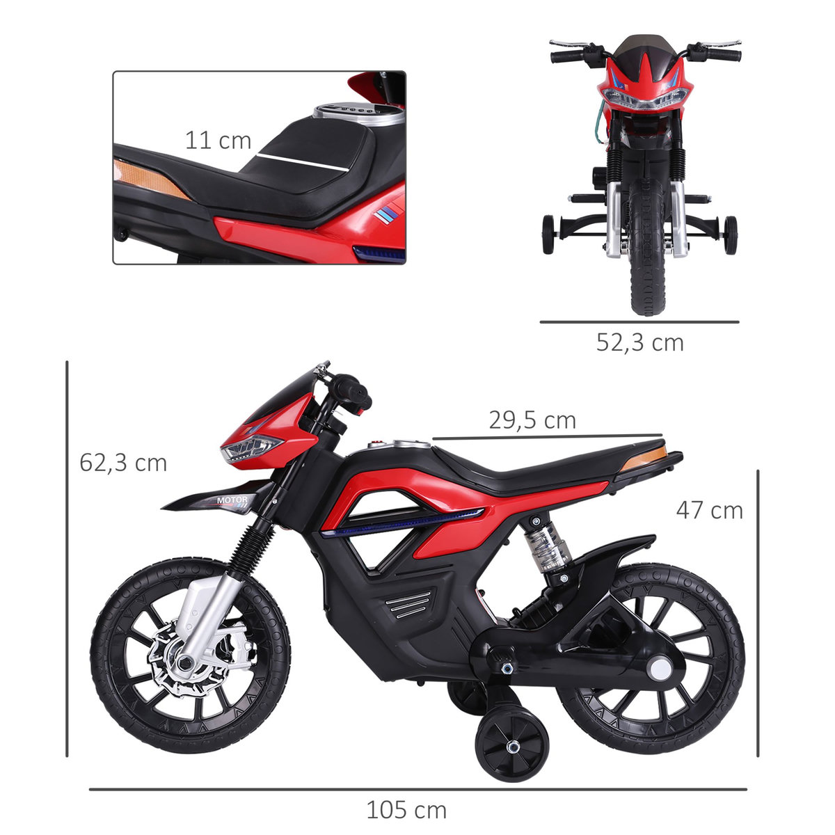 HOMCOM Moto électrique pour enfants 25 W 6 V 3 Km/h effets lumineux et sonores roulettes amovibles rouge