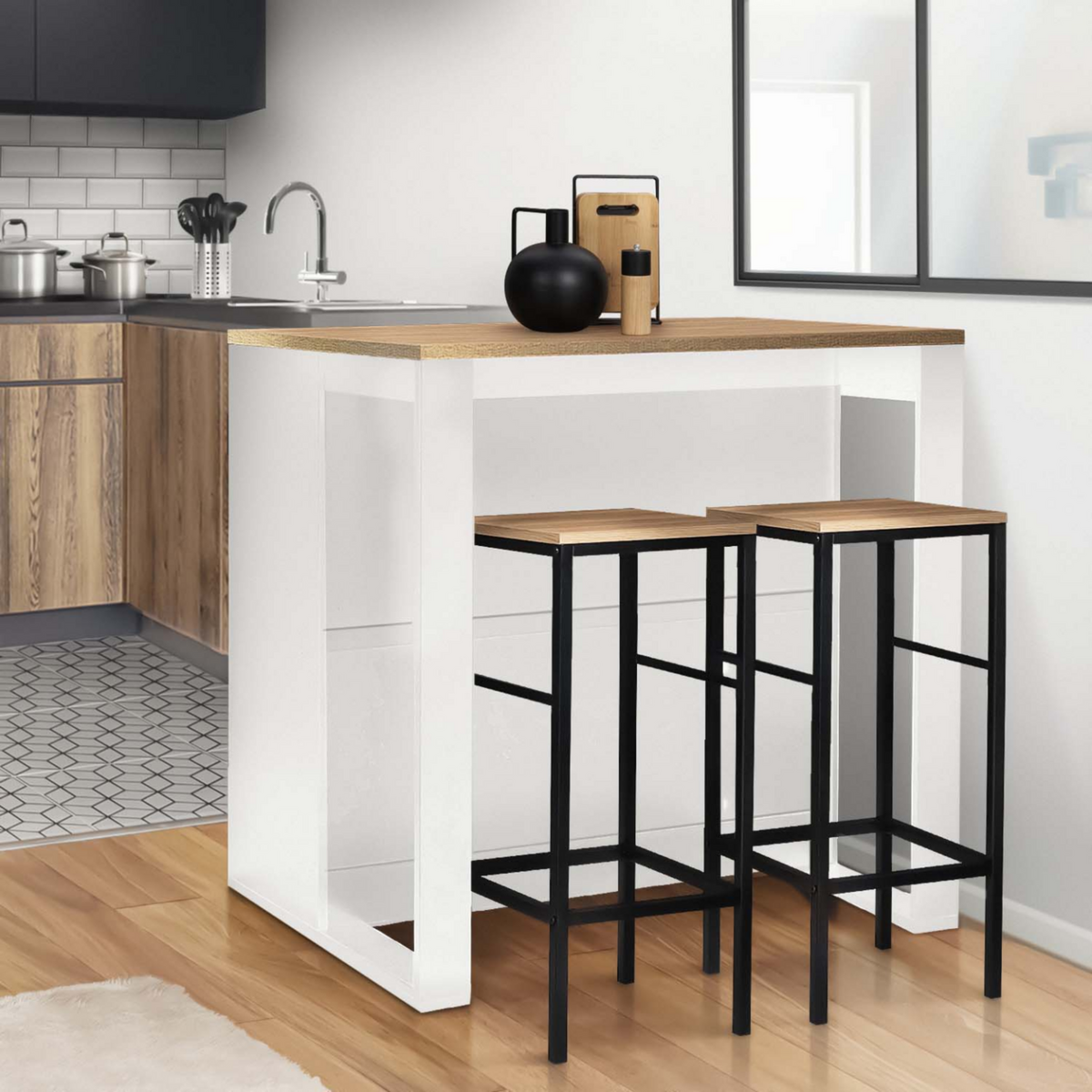 ID MARKET Table de bar îlot JUNO bois blanc et plateau façon hêtre