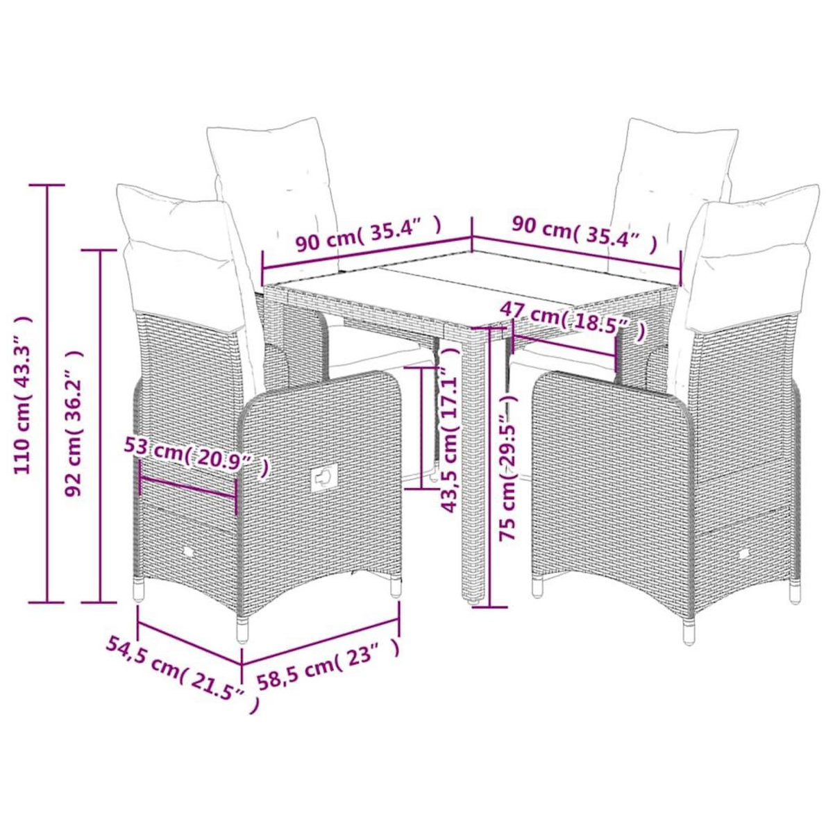 VIDAXL Ensemble de bistro de jardin 5 pcs coussins gris poly rotin
