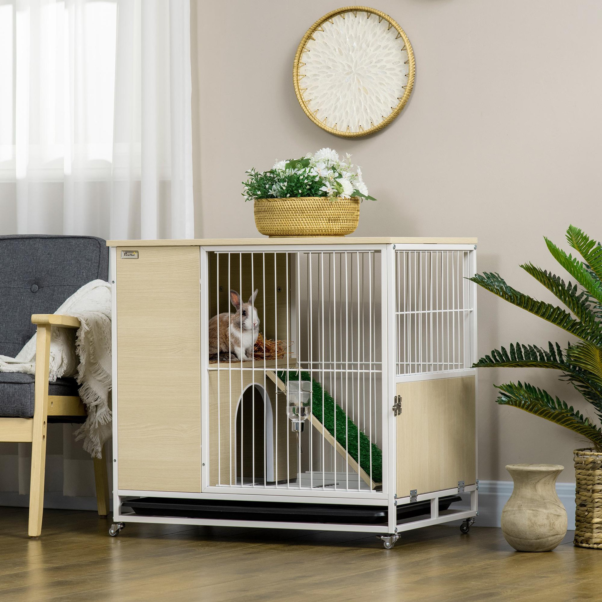 Voir la diapositive 2 : PAWHUT Clapier à lapin sur roulettes cage à lapin 2 niveaux toit ouvrant porte plateau déjection coulissant rampe niche acier blanc aspect bois clair