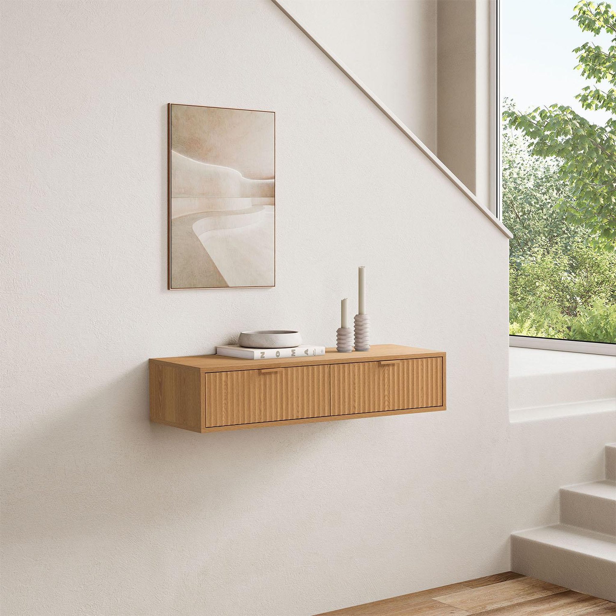 Voir la diapositive 2 : VS VENTA-STOCK Table console flottante Lluvia 2 tiroirs effet Chêne