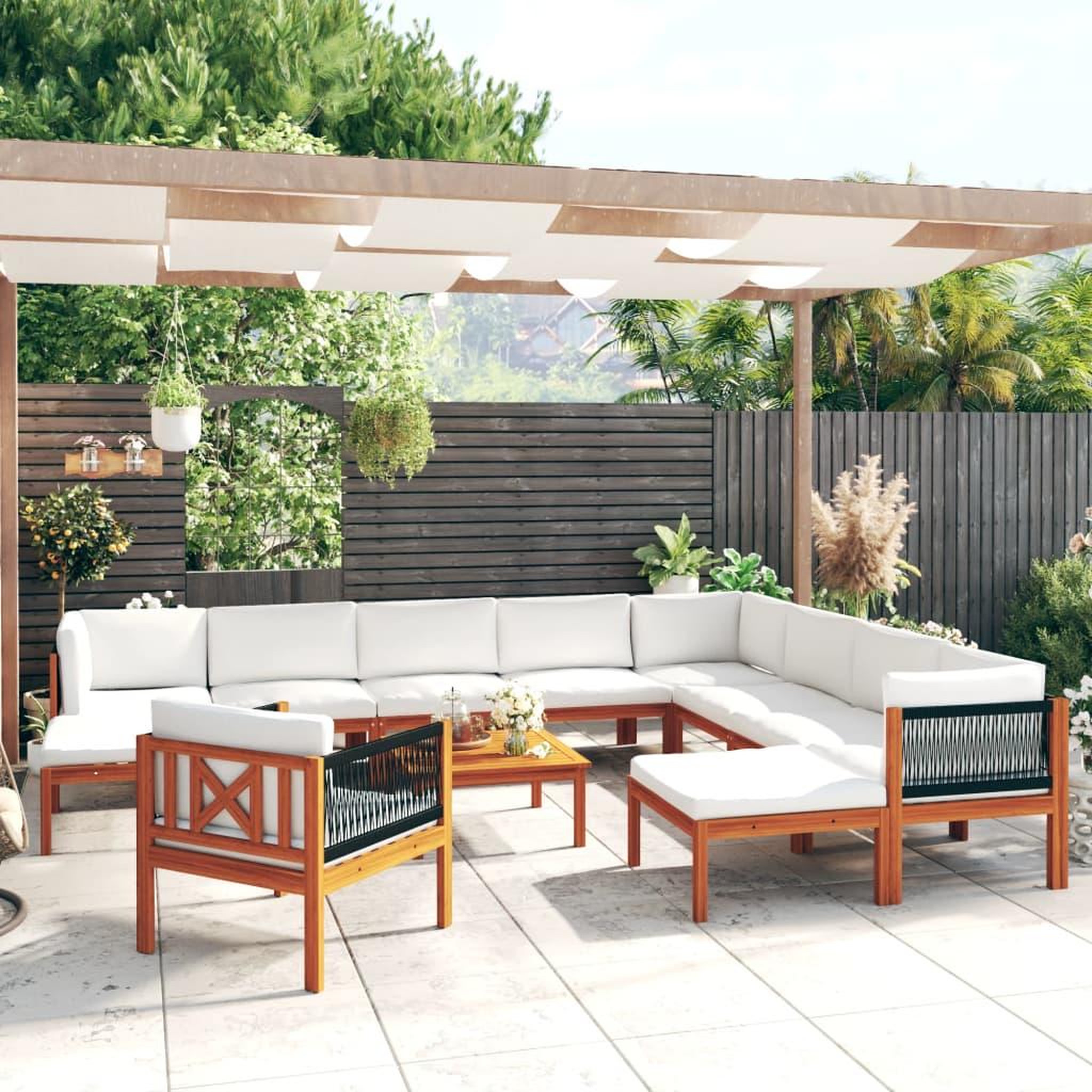 Voir la diapositive 1 : VIDAXL Salon de jardin 12 pcs avec coussins Creme Bois d'acacia solide