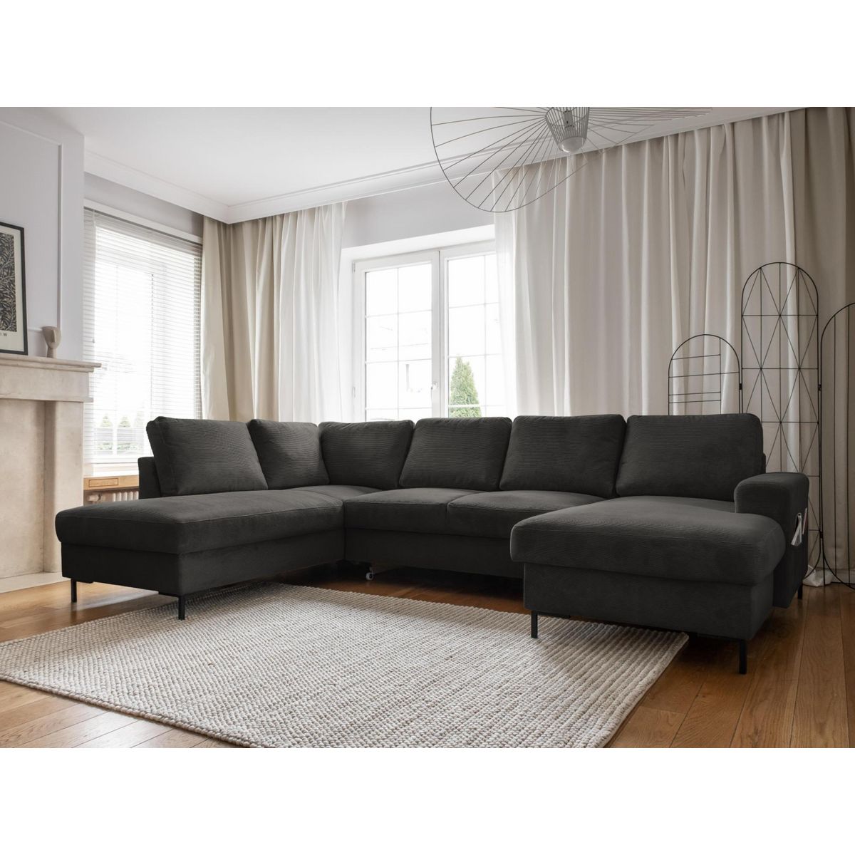 BEST MOBILIER Lilly - canapé panoramique d'angle gauche - 7 places - convertible avec coffre - en velours côtelé