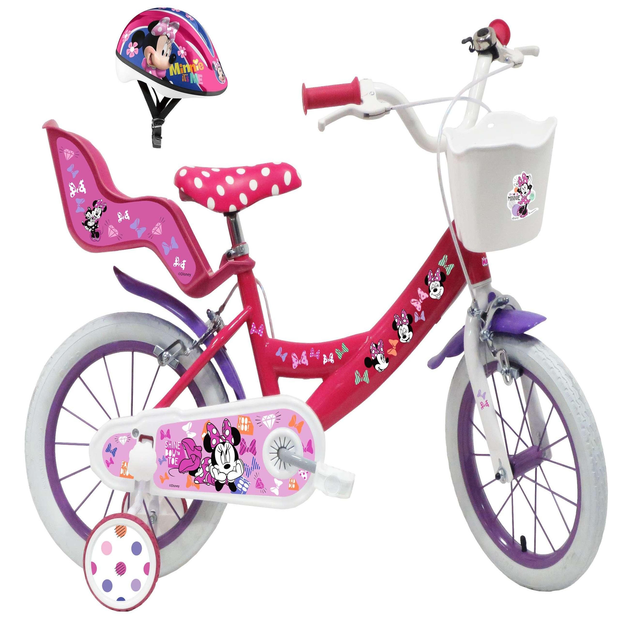 Disney Minnie Vélo enfant - Modèle 14'' Minnie + Casque pour enfant de 95/110 cm avec stabilisateurs - Panier avant - Porte poupée arrière - 2 freins et pneus gonflables