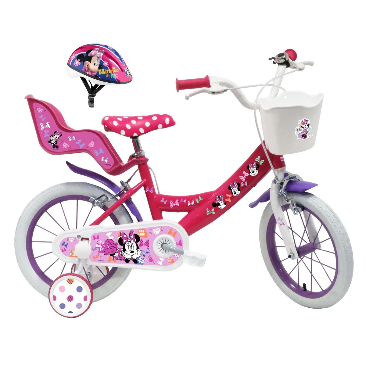 Disney Minnie Vélo enfant - Modèle 14'' Minnie + Casque pour enfant de 95/110 cm avec stabilisateurs - Panier avant - Porte poupée arrière - 2 freins et pneus gonflables