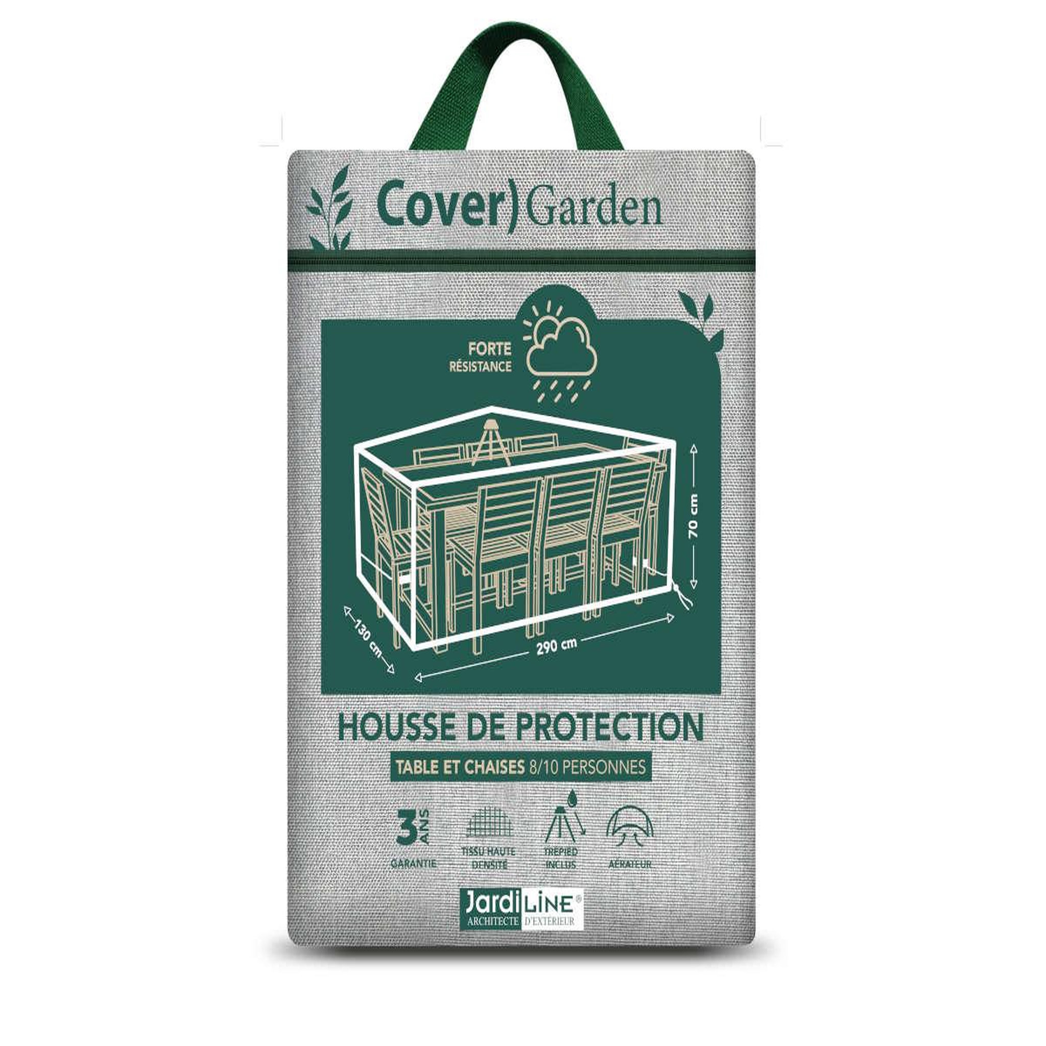 Jardiline Housse de protection Cover Garden pour table rectangulaire 8-10 personnes + chaises, avec trépied - 290 x 130 x 70 cm - Jardiline