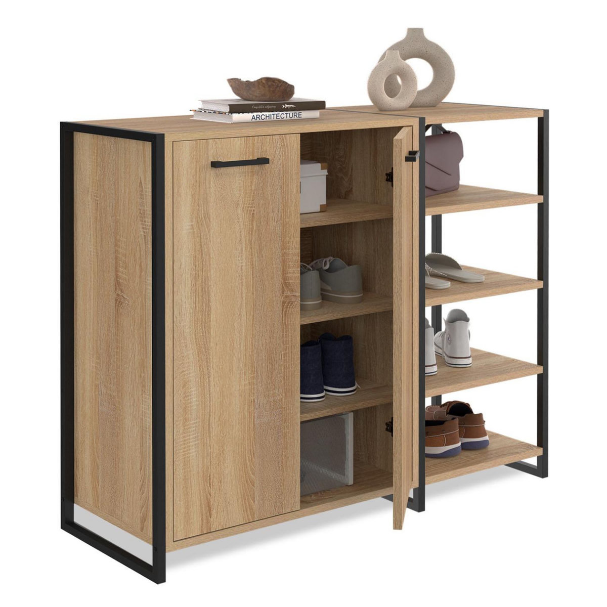 ID MARKET Armoire à chaussures 12 paires LUIS 2 portes avec étagère design industriel