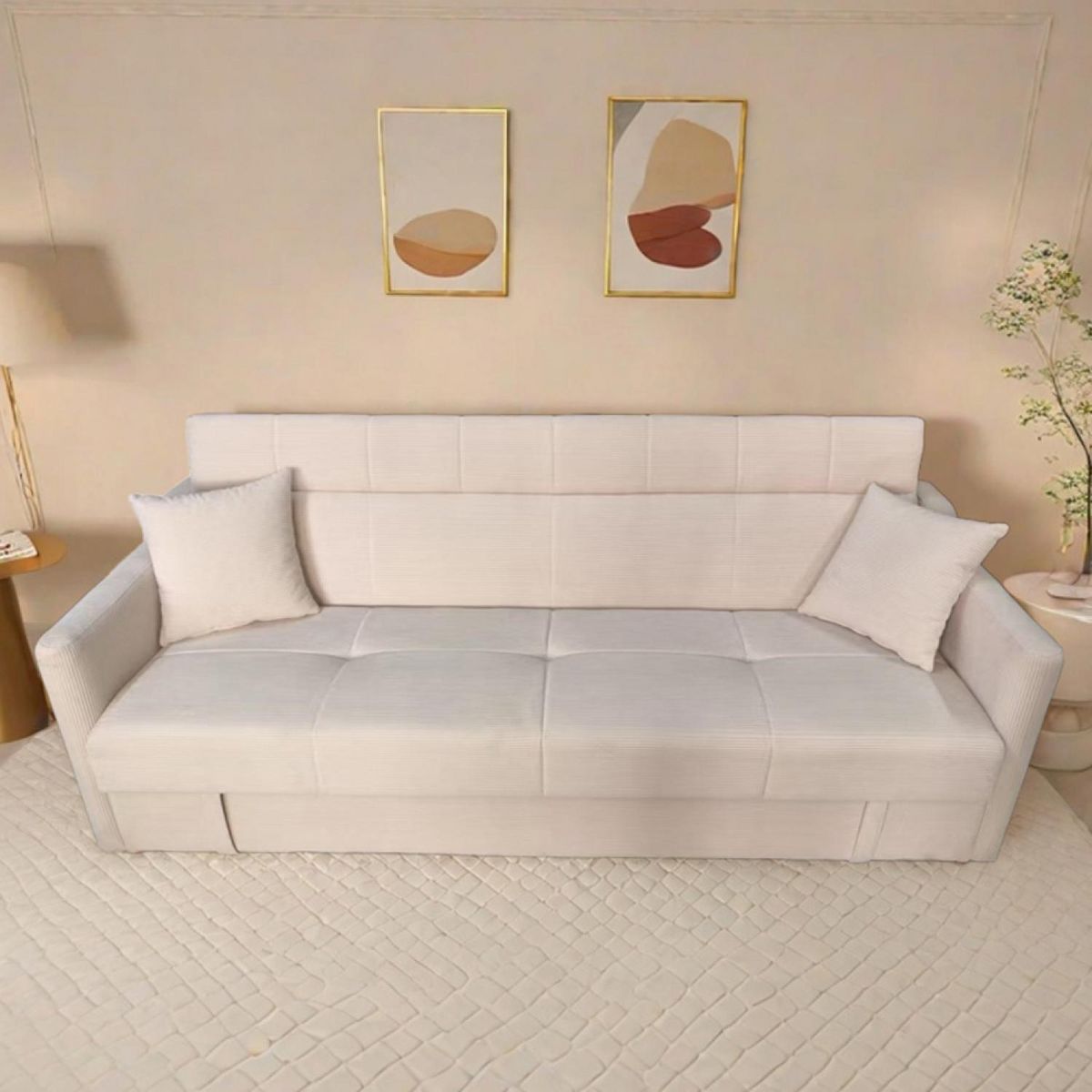 CONCEPT USINE Canapé convertible avec coffre en velours cotelé beige 3 places ADARE