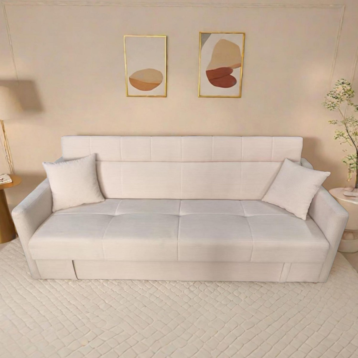 CONCEPT USINE Canapé convertible avec coffre en velours cotelé beige 3 places ADARE