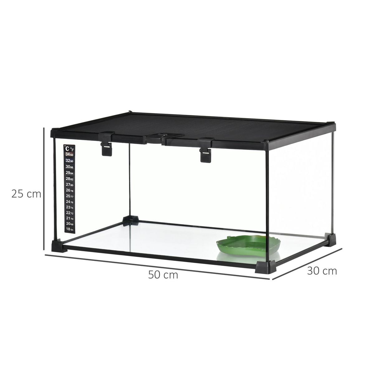 PAWHUT Terrarium en verre - vivarium reptiles & batraciens - habitat tortue - couvercle grillagé coulissant verrouillable - distributeur eau, thermomètre inclus - métal noir verre